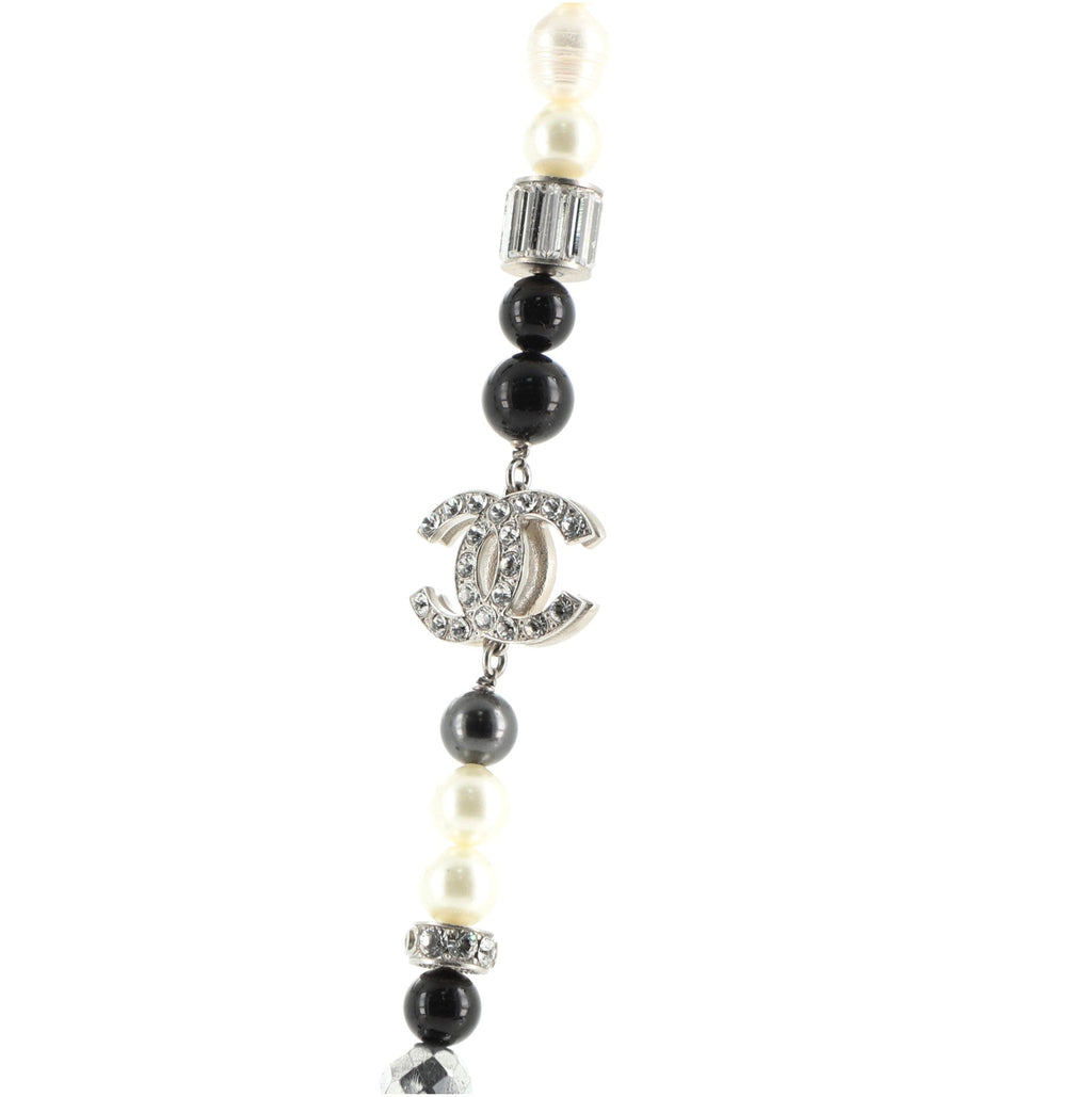 CC Long Necklace Crystal Embellished Metal and Faux Pearls with Beads