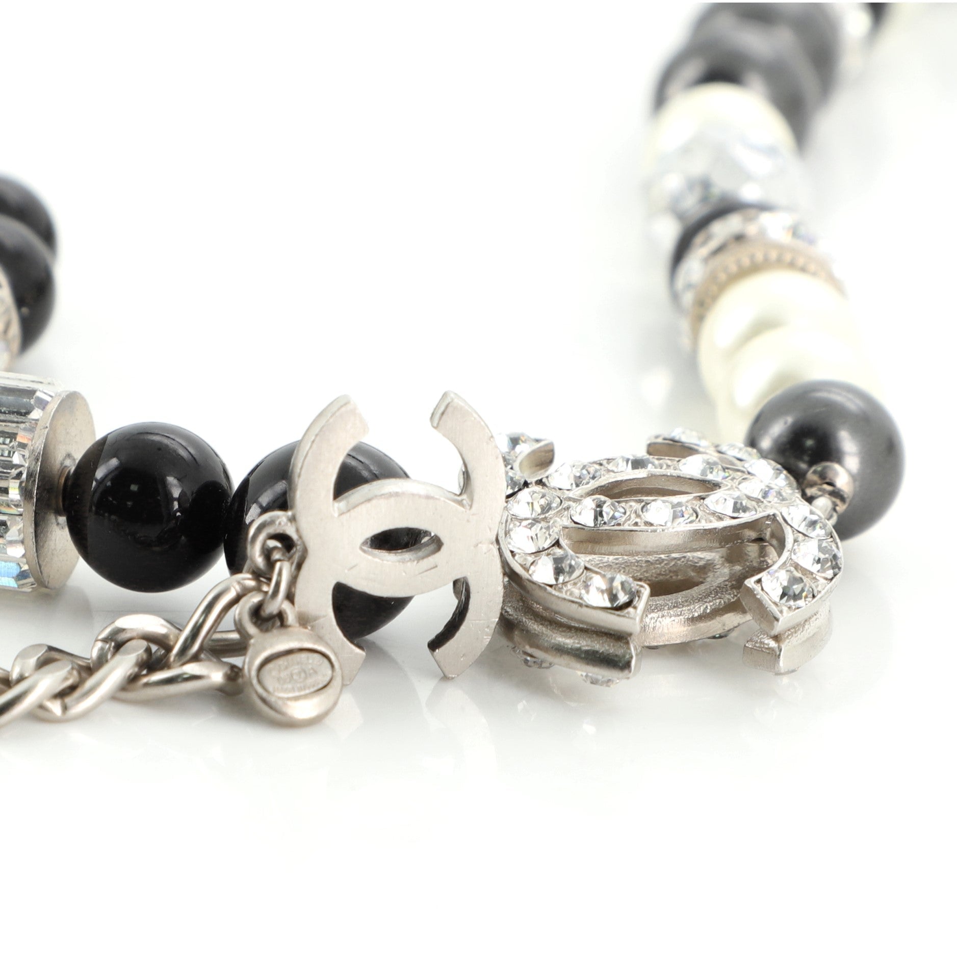 CC Long Necklace Crystal Embellished Metal and Faux Pearls with Beads