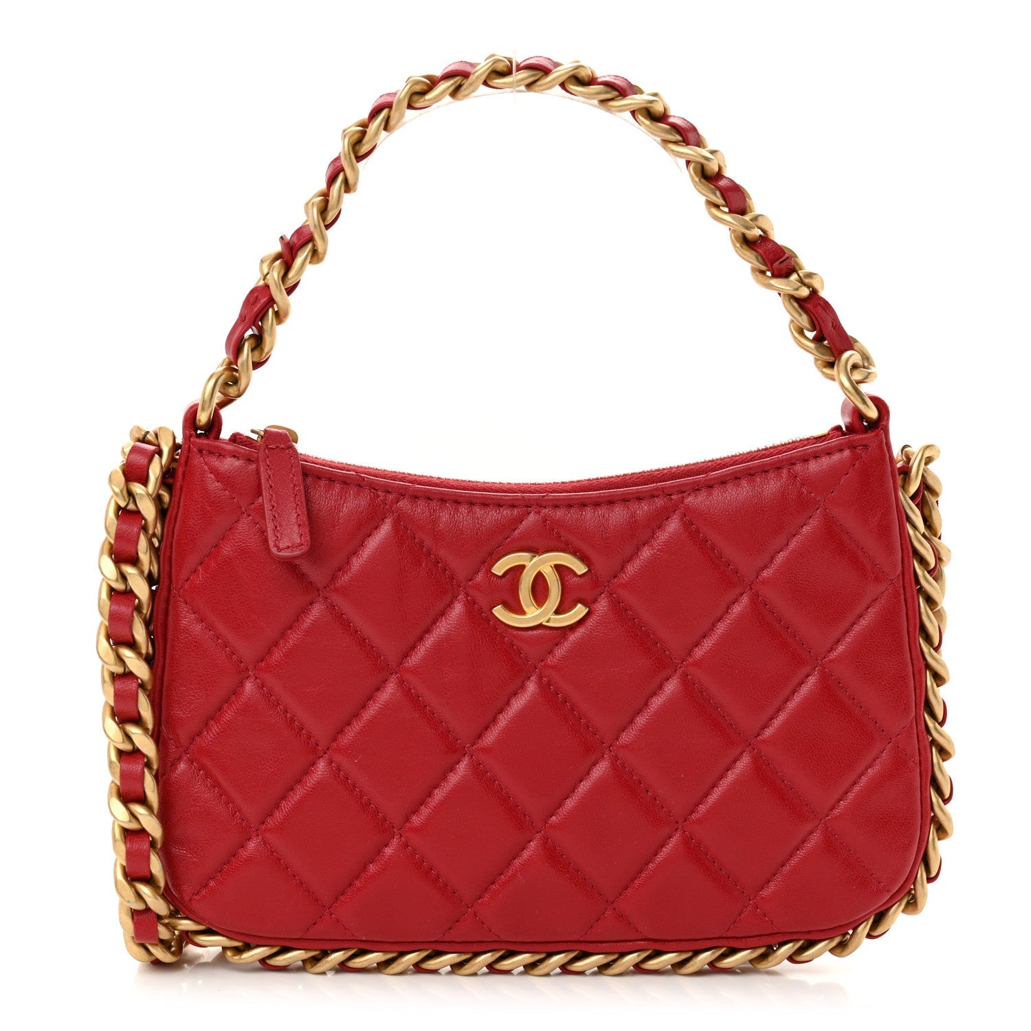 Shiny Crumpled Lambskin Quilted Trendy Chain Around Hobo Red