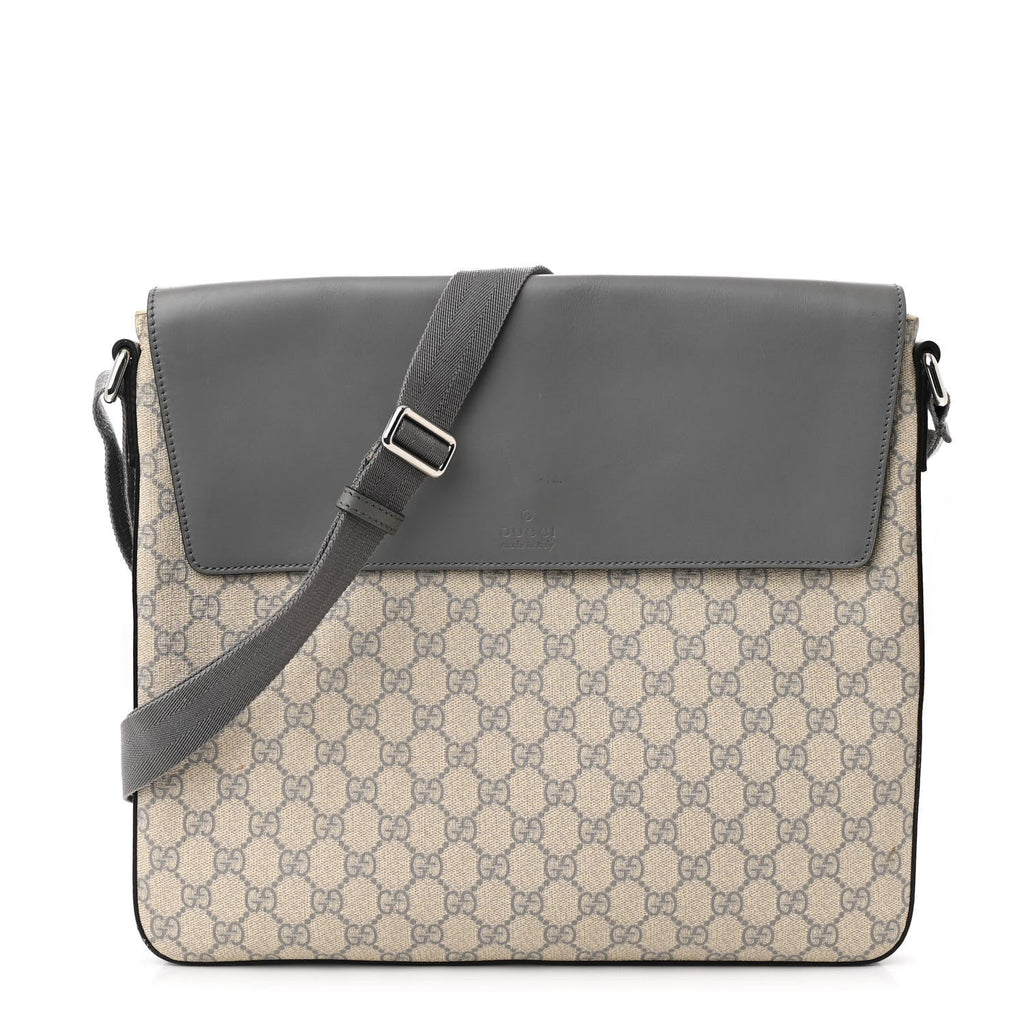 GG Supreme Monogram Selleria Calfskin Satchel Messenger Bag Ecru Grigio