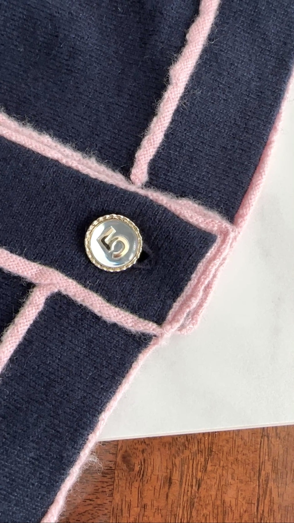 Chanel 21S Navy and Pink No. 5 Cashmere igan Sweater - FR42 / 10
