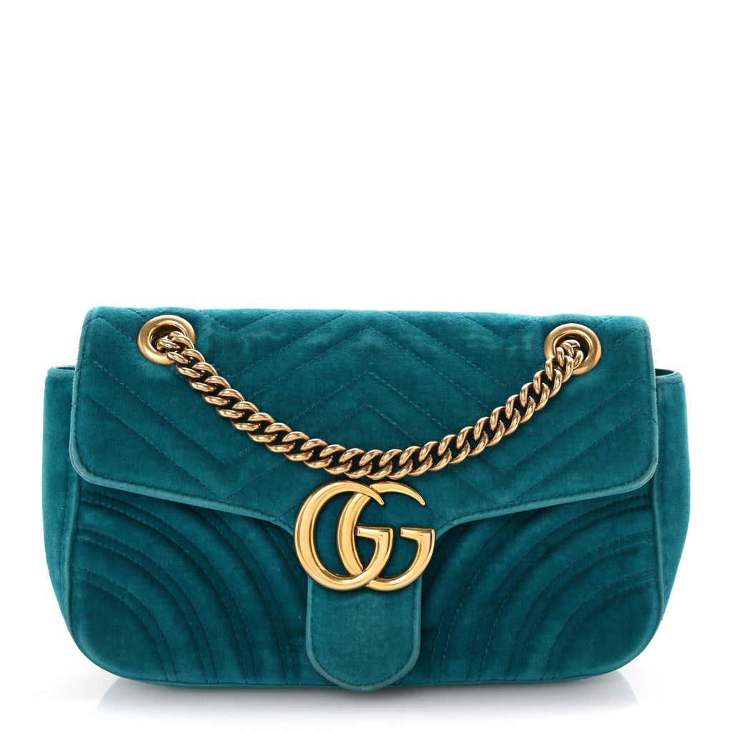 Velvet Matelasse Small GG Marmont Shoulder Bag Pavone Cyan