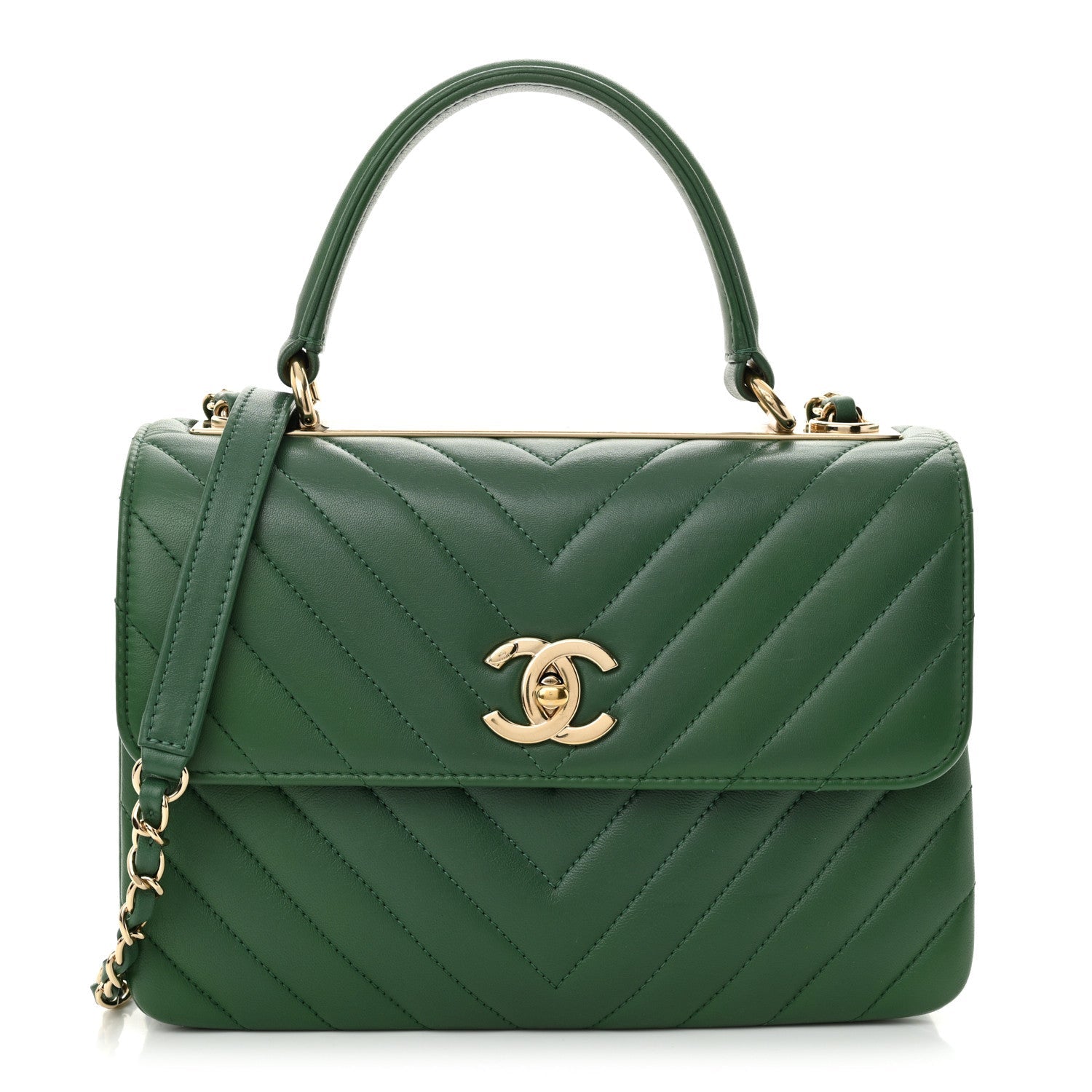 Lambskin Chevron Quilted Small Trendy CC Dual Handle Flap Bag Green