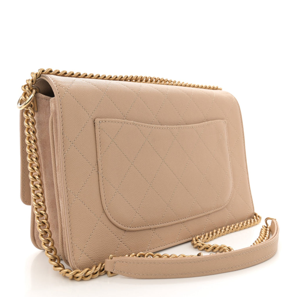 Grained Calfskin Stitched Enamel CC Flap Bag Beige
