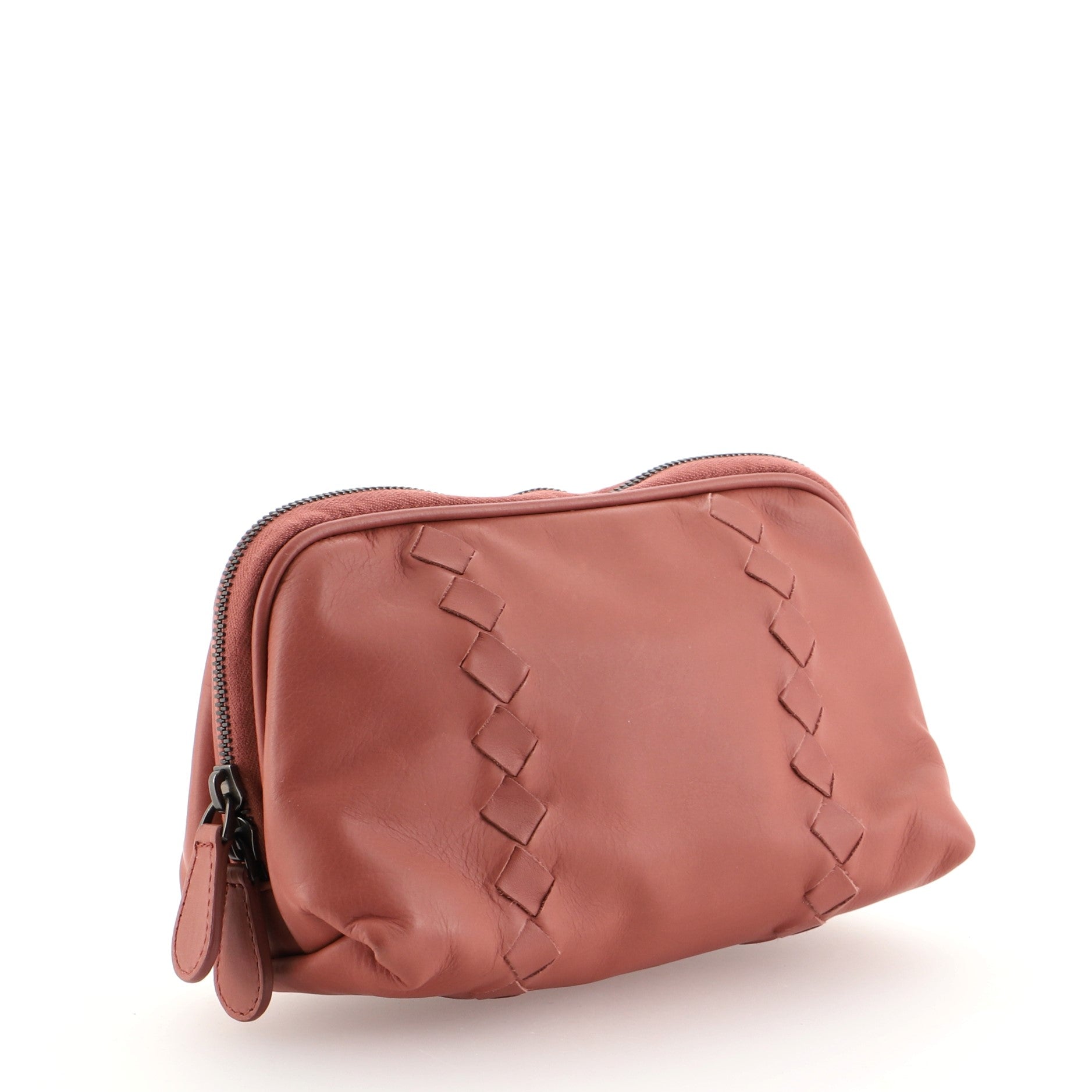 Zip Cosmetic Pouch Leather with Intrecciato Detail Mini