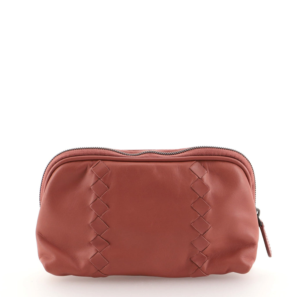 Zip Cosmetic Pouch Leather with Intrecciato Detail Mini