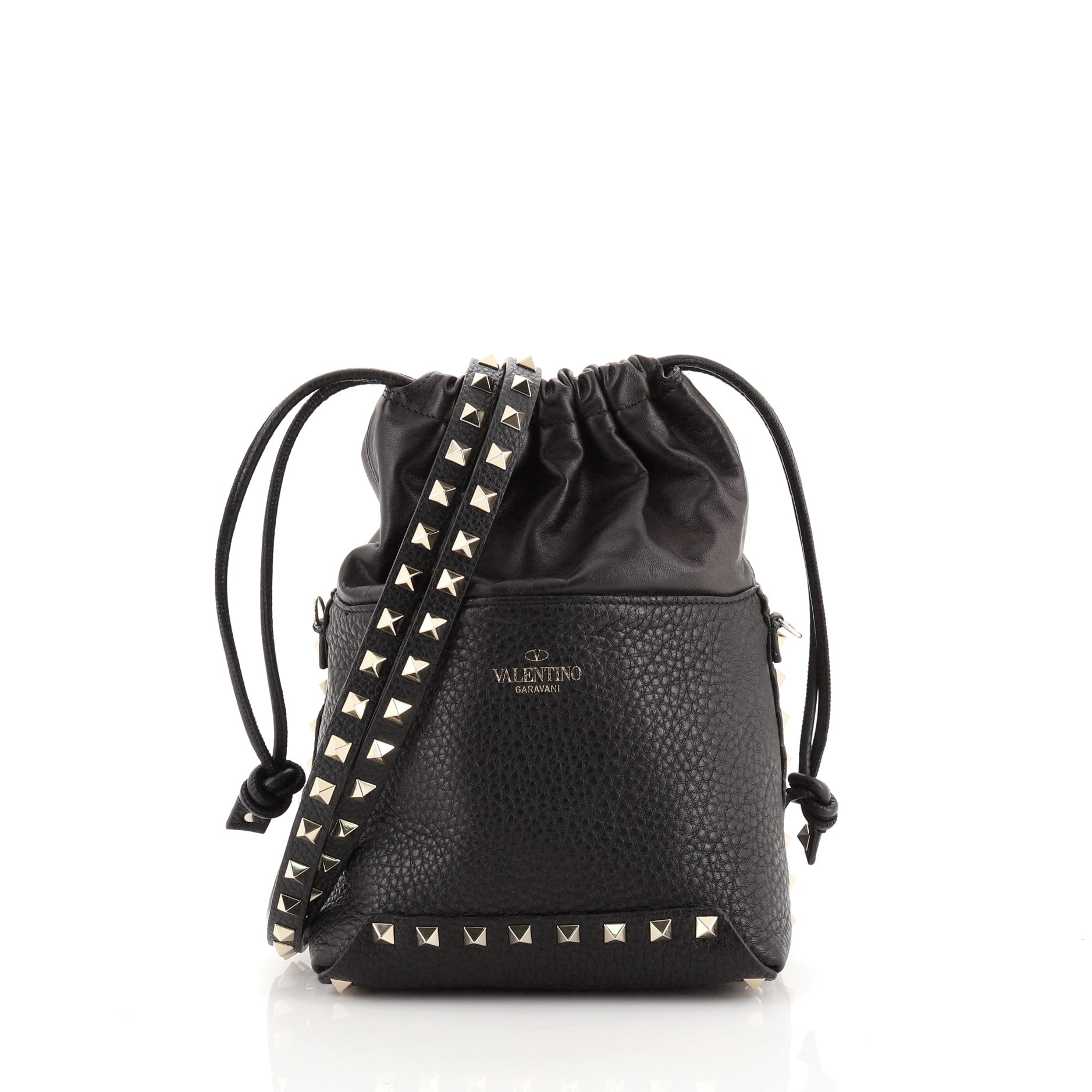 Rockstud Drawstring Bucket Bag Pebbled Leather Mini
