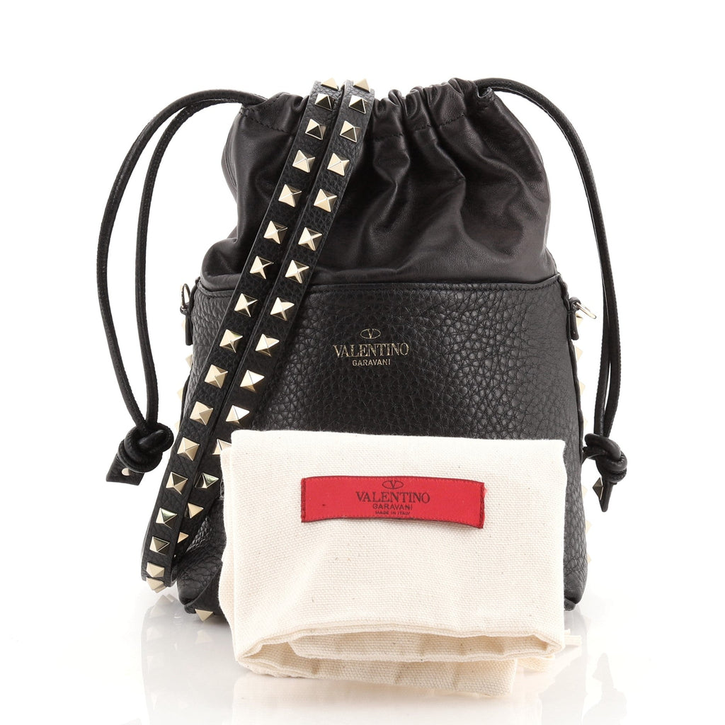 Rockstud Drawstring Bucket Bag Pebbled Leather Mini