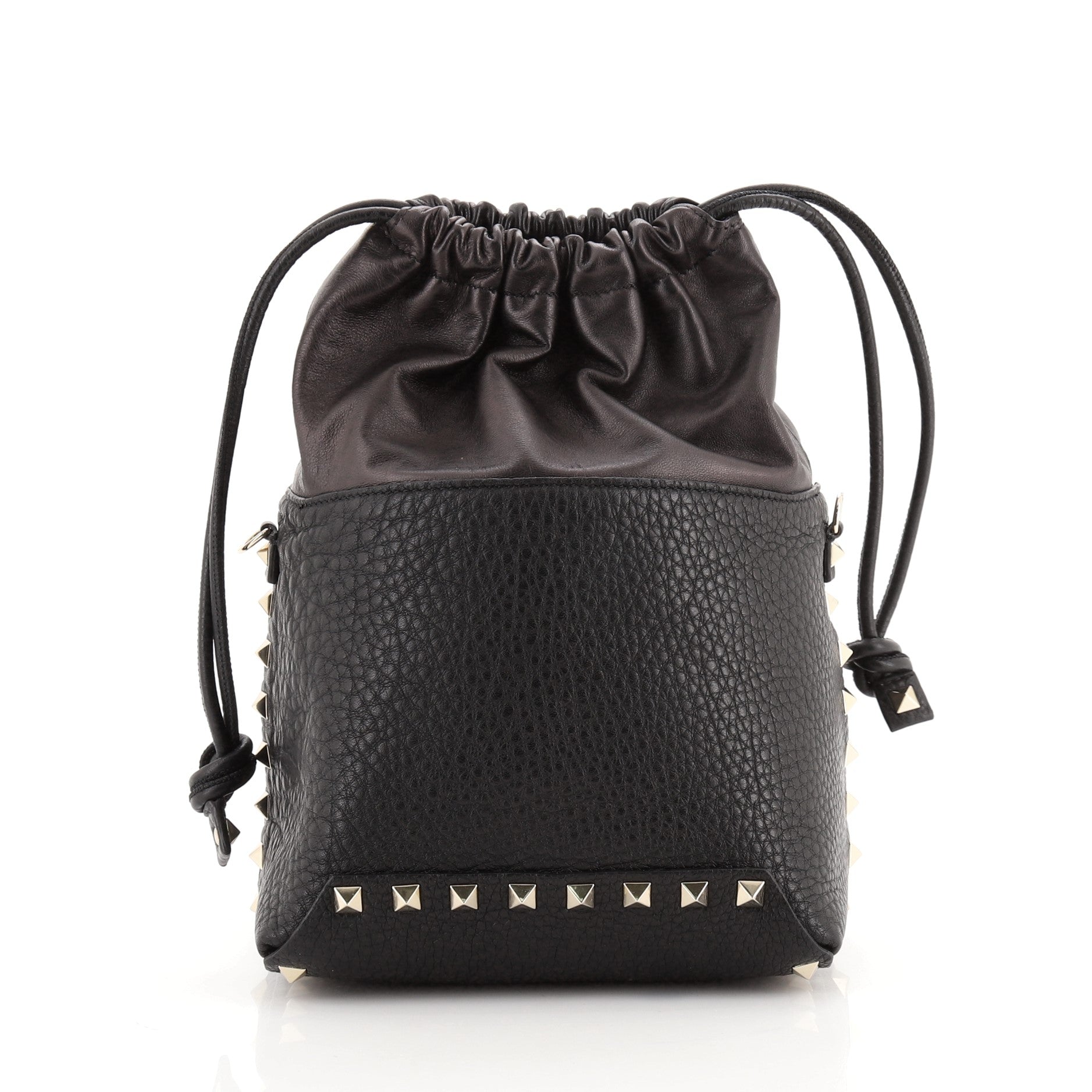 Rockstud Drawstring Bucket Bag Pebbled Leather Mini