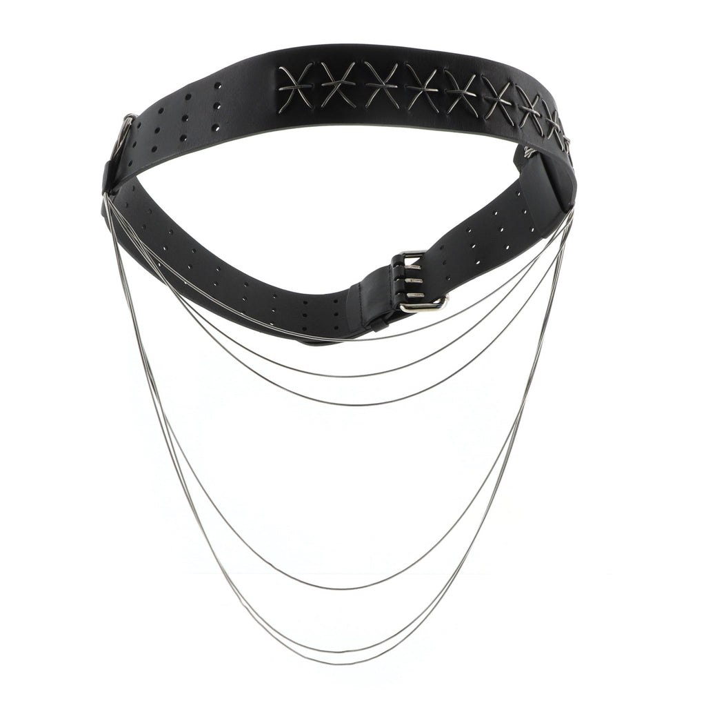 Triple Buckle Belt Perforated Leather with Chain Detail Wide 85