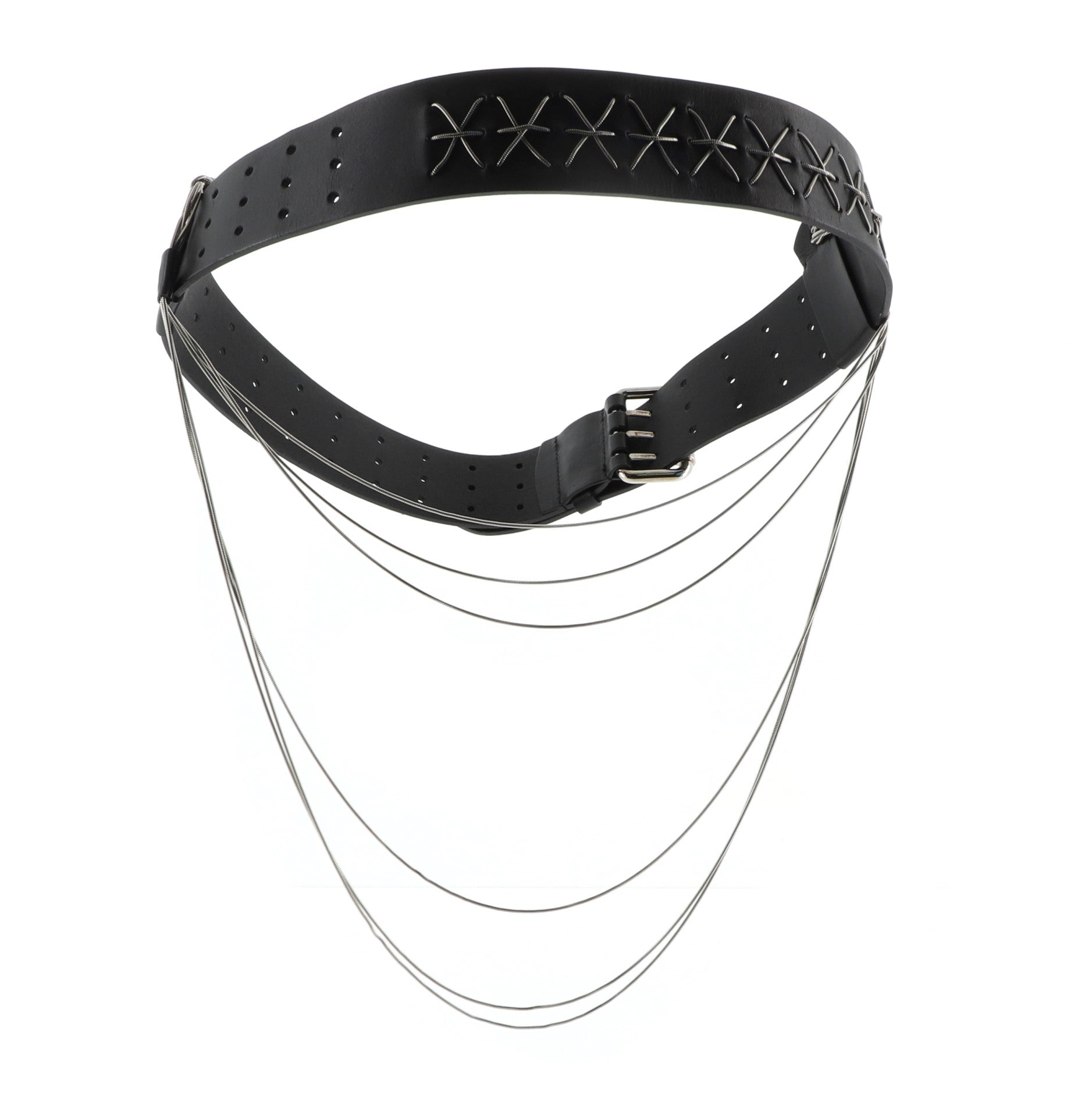 Triple Buckle Belt Perforated Leather with Chain Detail Wide 85