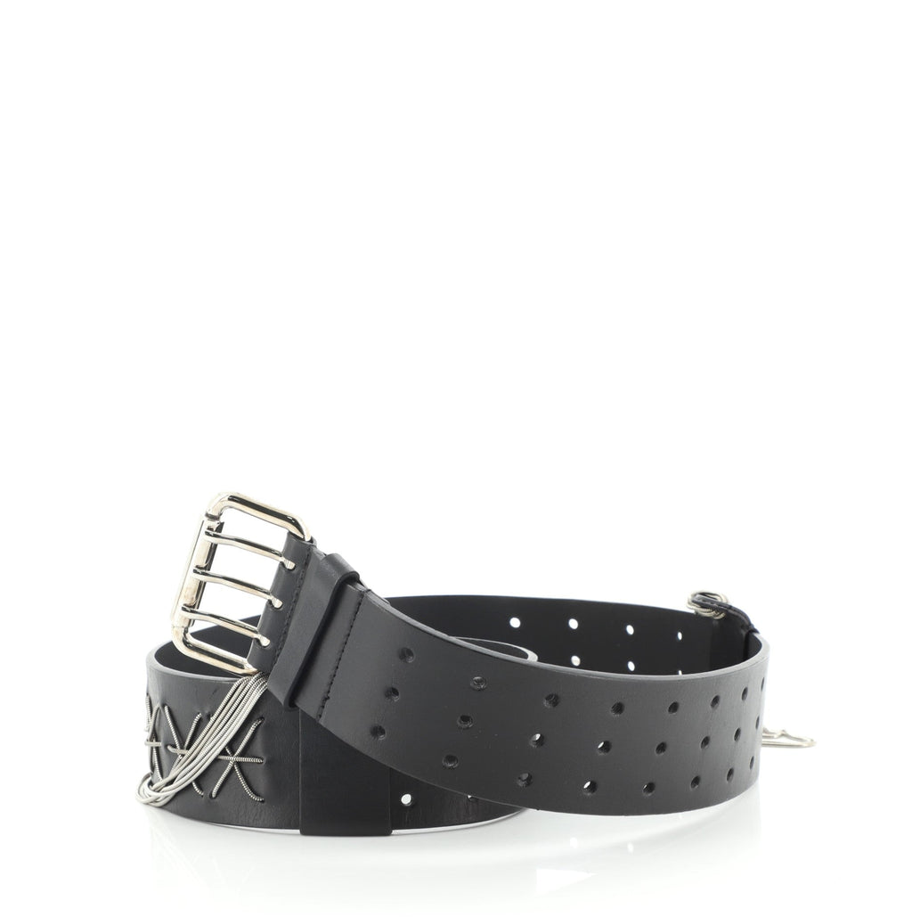 Triple Buckle Belt Perforated Leather with Chain Detail Wide 85