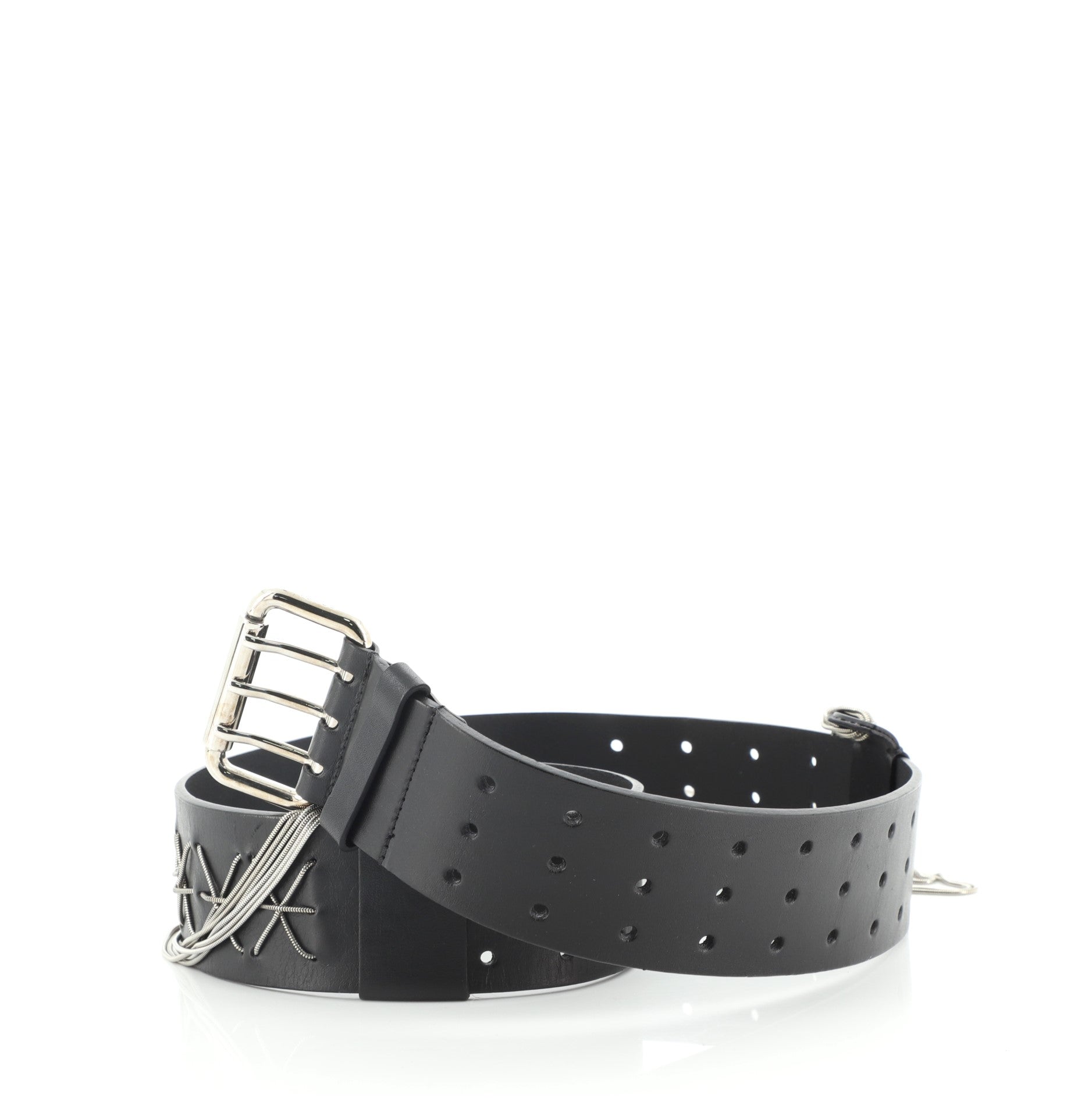 Triple Buckle Belt Perforated Leather with Chain Detail Wide 85