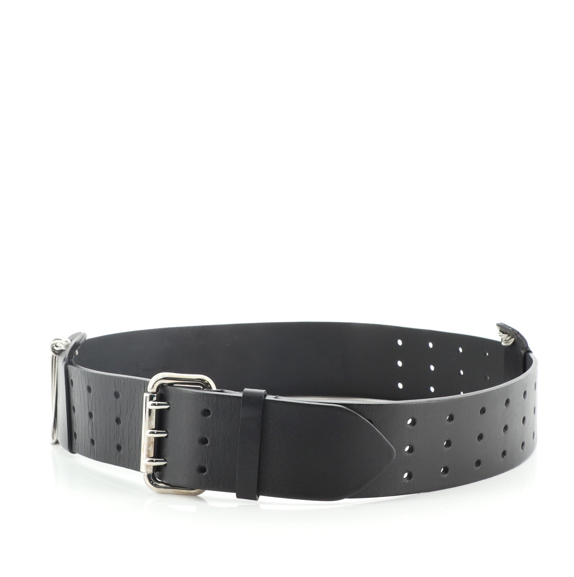 Triple Buckle Belt Perforated Leather with Chain Detail Wide 85