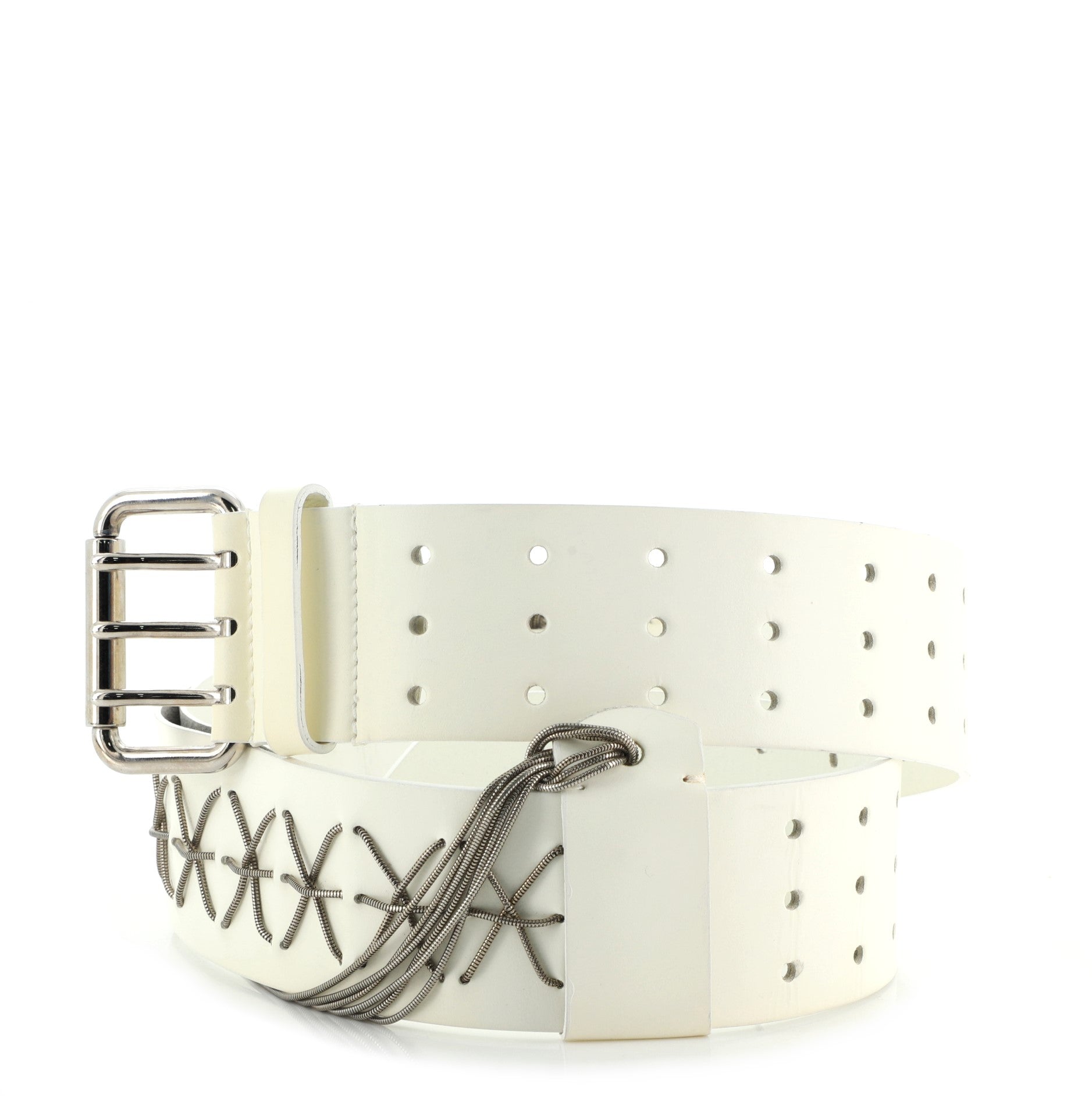 Triple Buckle Belt Perforated Leather with Chain Detail Wide 85