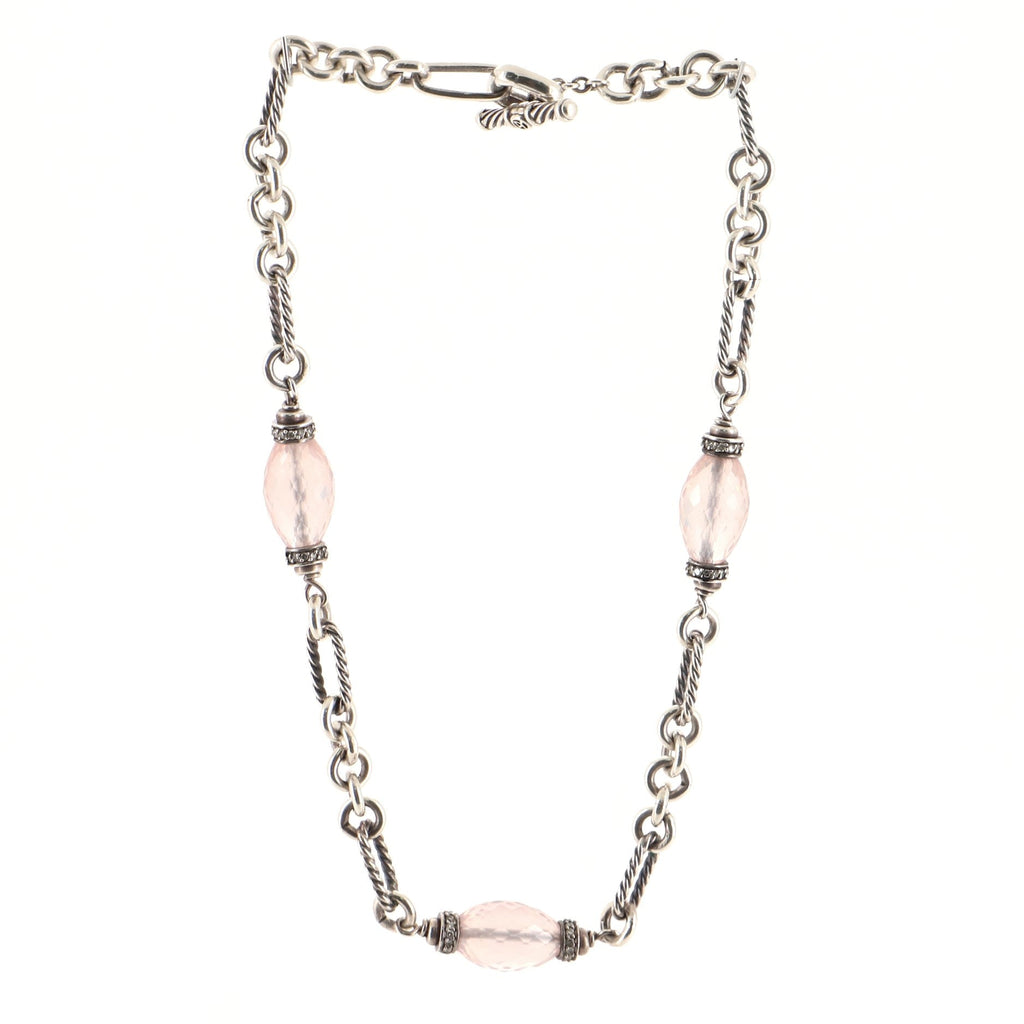 Figaro Chain Necklace Sterling Silver with Rose Quartz and Diamonds Short