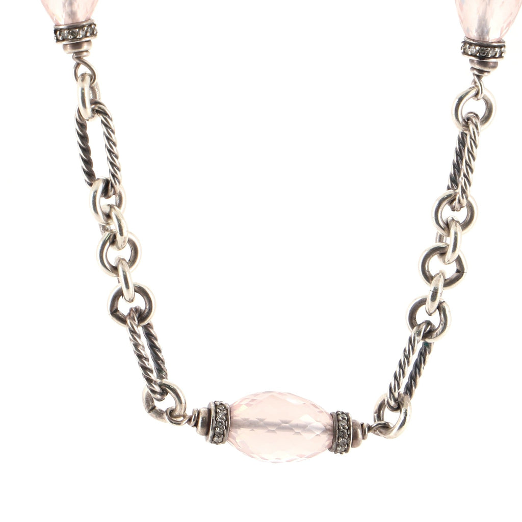 Figaro Chain Necklace Sterling Silver with Rose Quartz and Diamonds Short