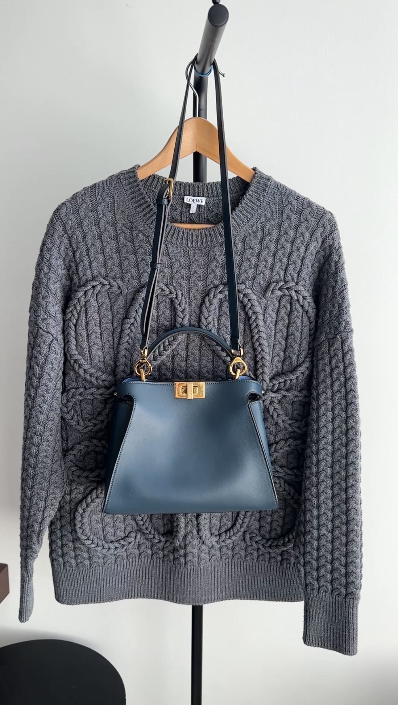 Loewe Charcoal Grey Cable Knit Wool Anagram Logo Pullover Sweater