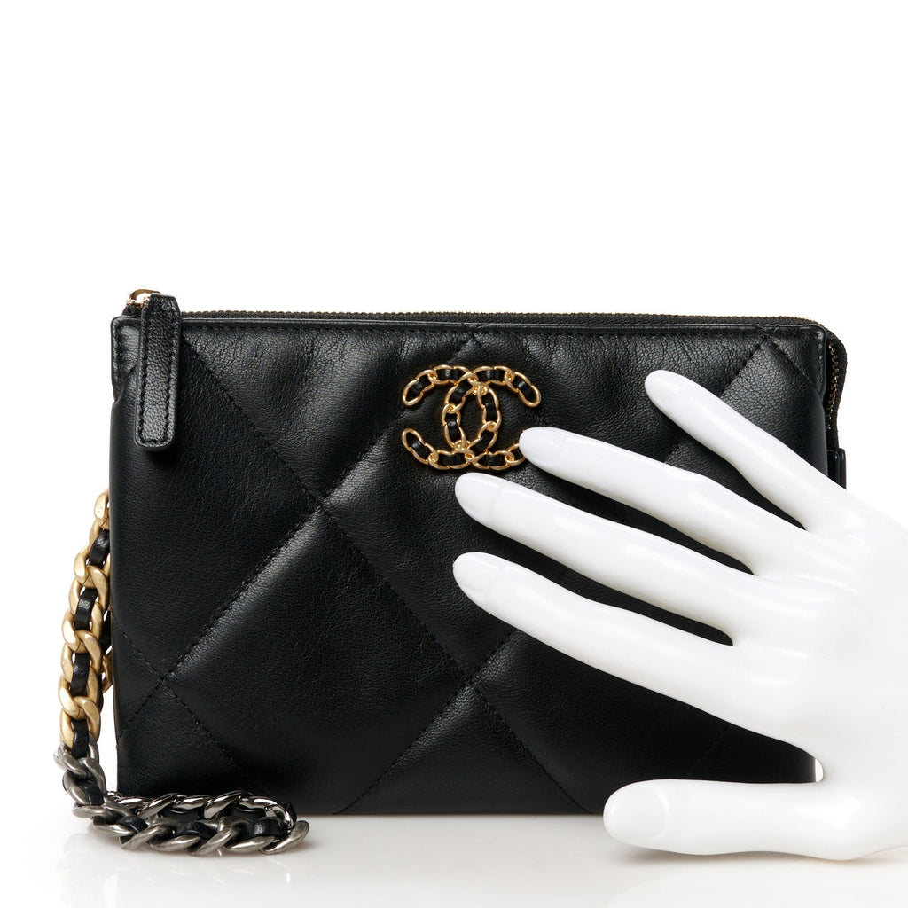 Shiny Goatskin Quilted Small Chanel 19 Pouch With Handle Black