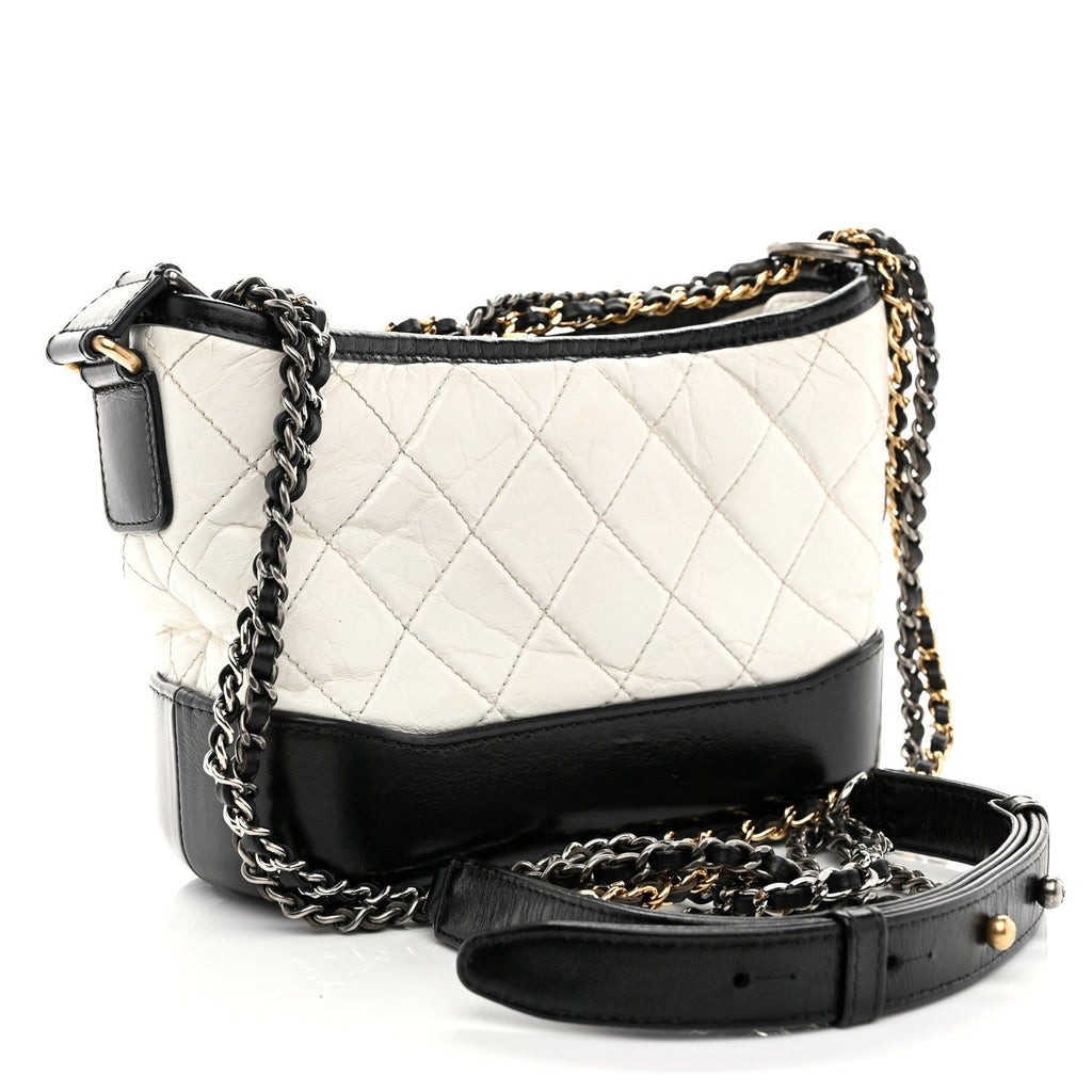 Aged Calfskin Quilted Small Gabrielle Hobo Black White