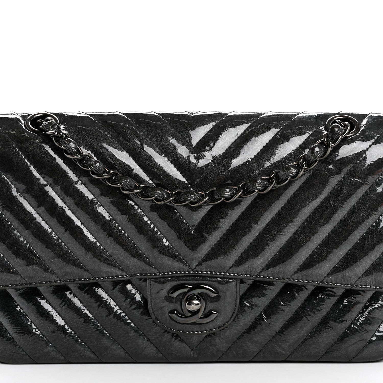 Metallic Patent Crumpled Calfskin Chevron Quilted Medium Double Flap So Black