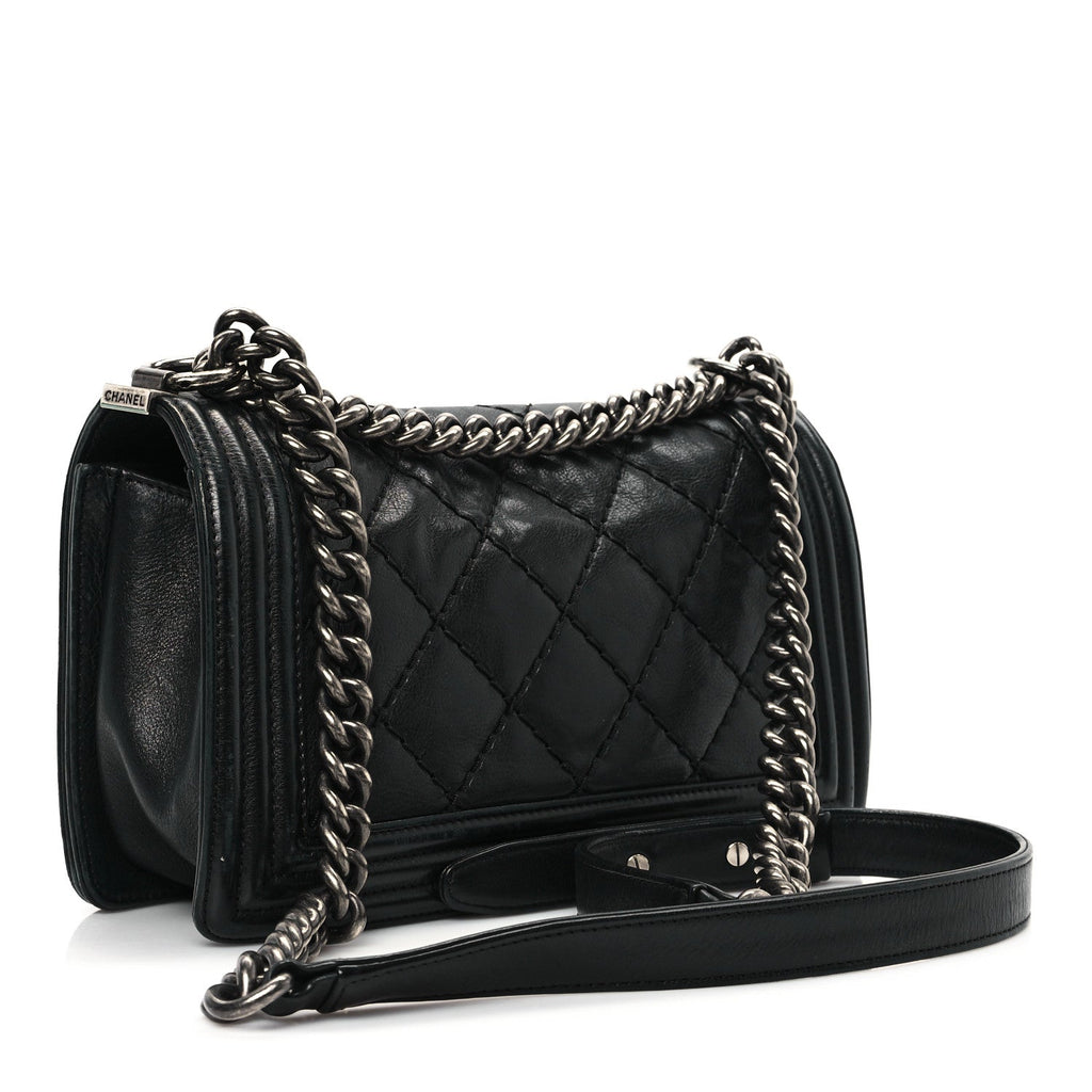 Calfskin Quilted Double Stitch Medium Boy Flap Black
