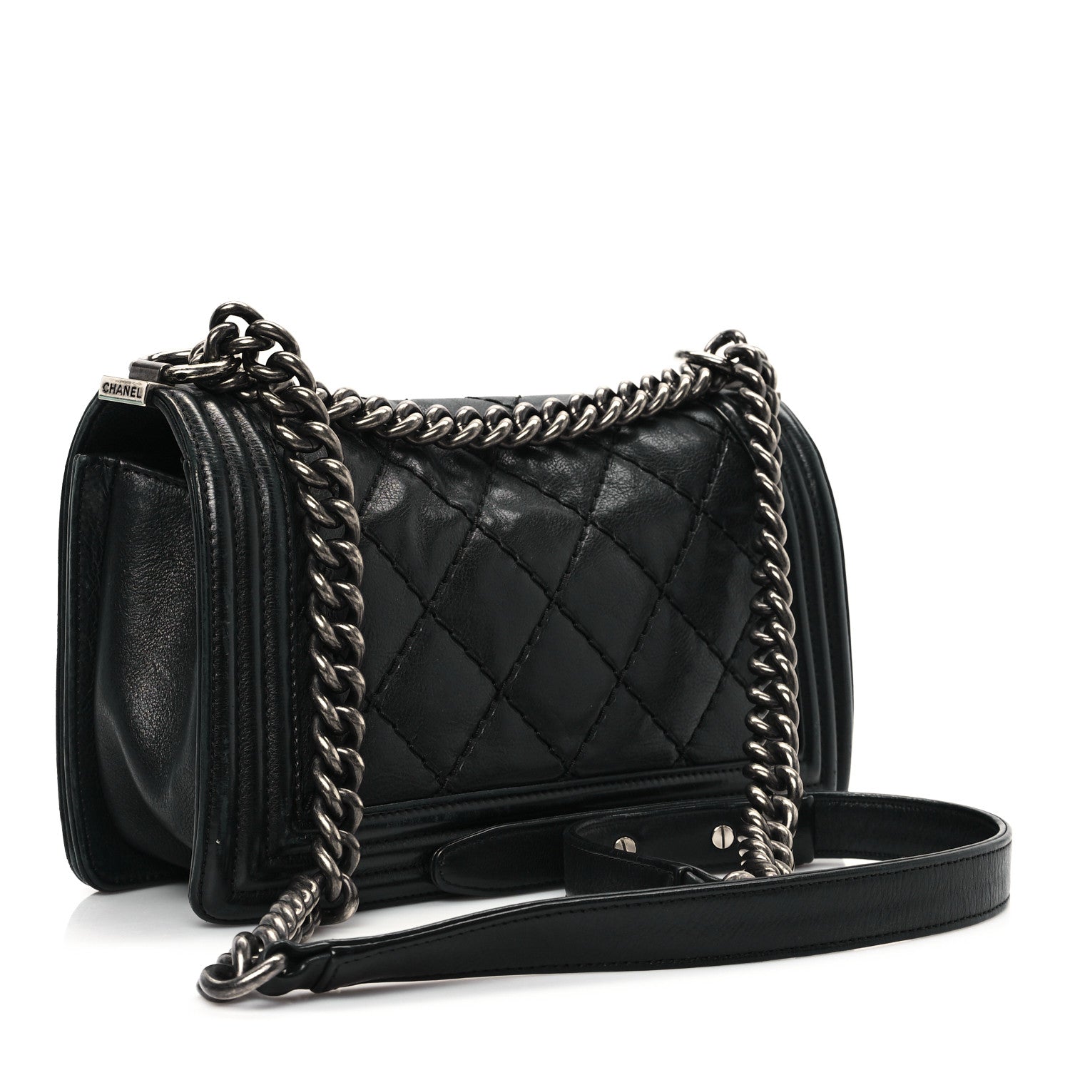 Calfskin Quilted Double Stitch Medium Boy Flap Black