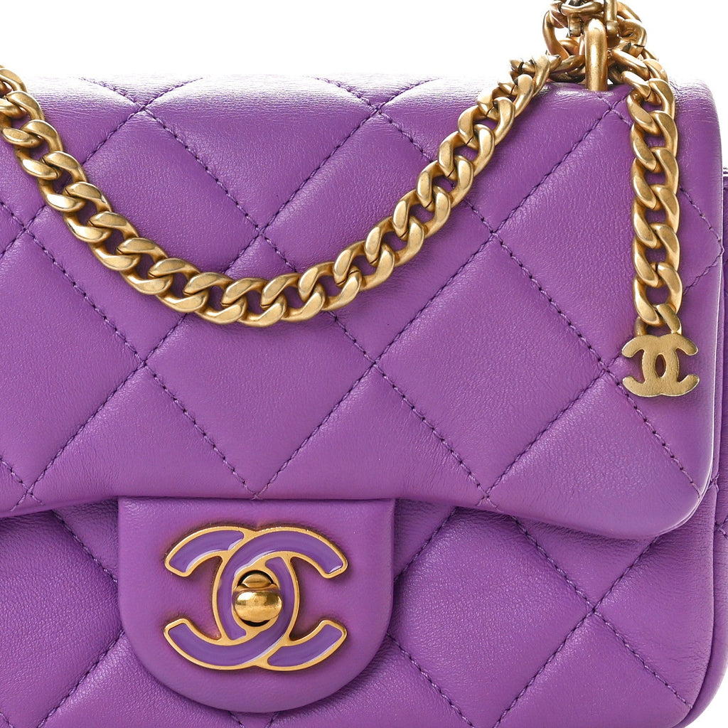 Lambskin Enamel Quilted Mini Pending CC Square Flap Purple