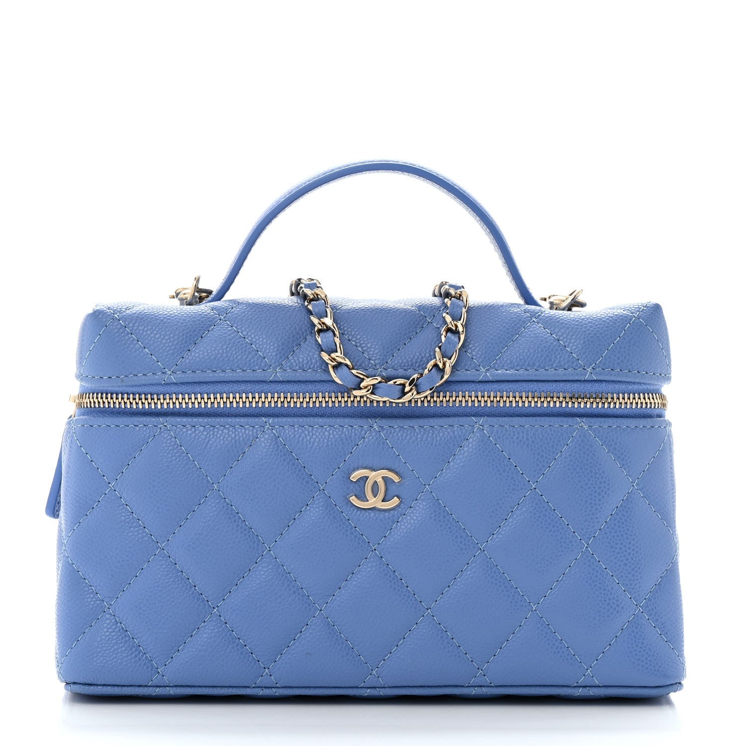 Caviar Quilted Top Handle Slim Vanity With Chain Blue