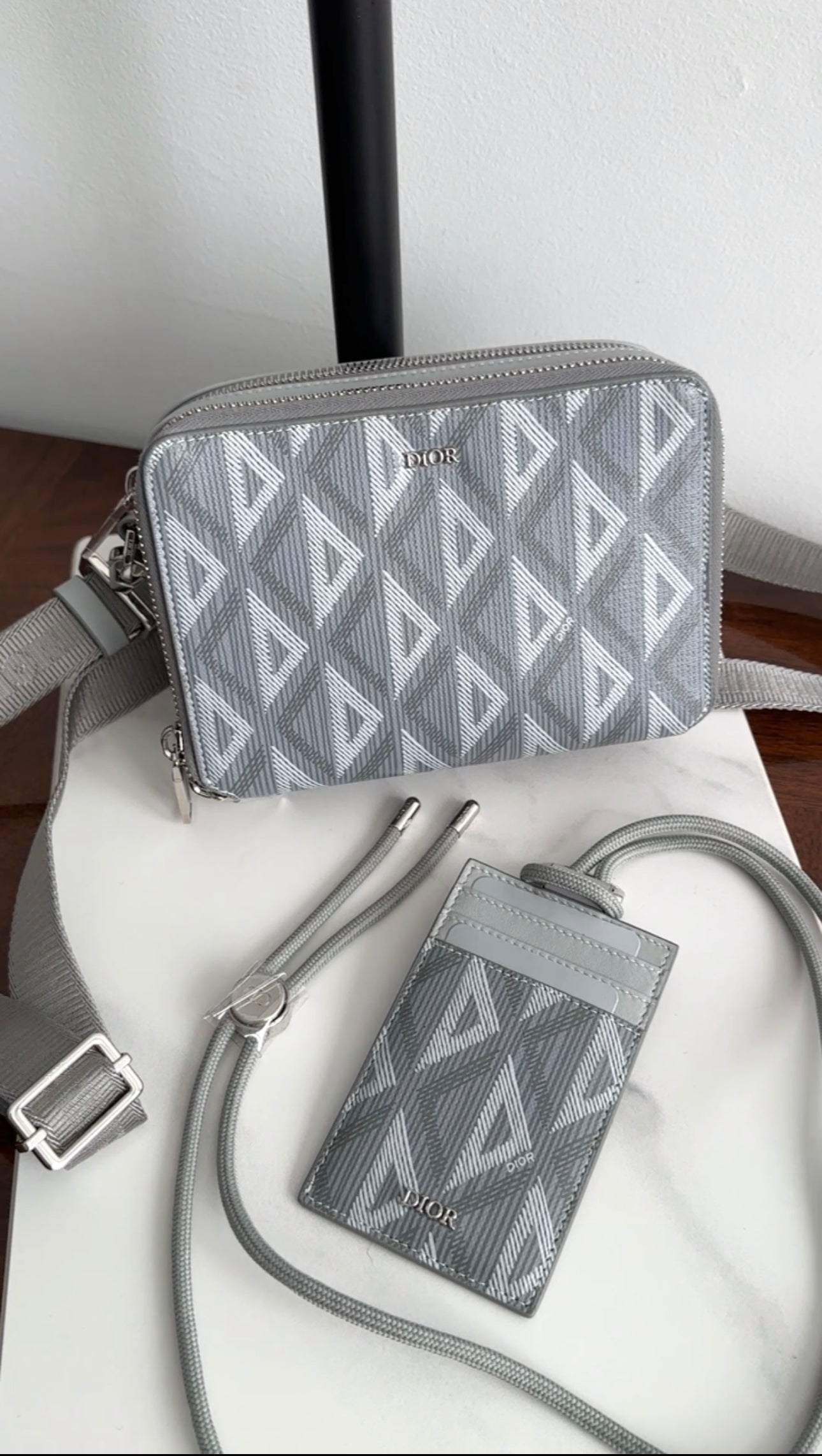 Dior CD Diamond Print Grey Coated Canvas  Holder on Lanyard