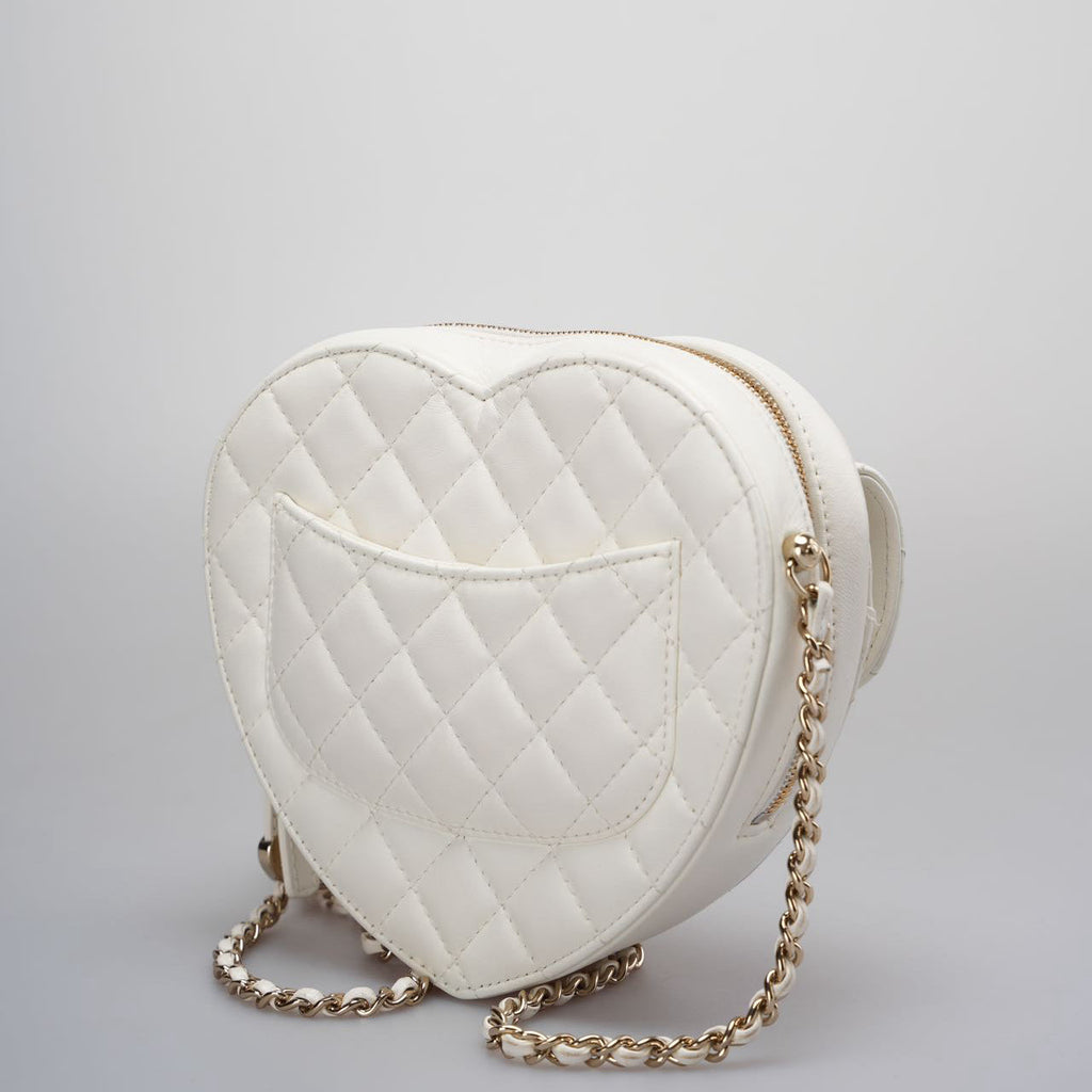 Chanel Big Heart Bag Lambskin Quilted CC In Love Clutch With Chain in White