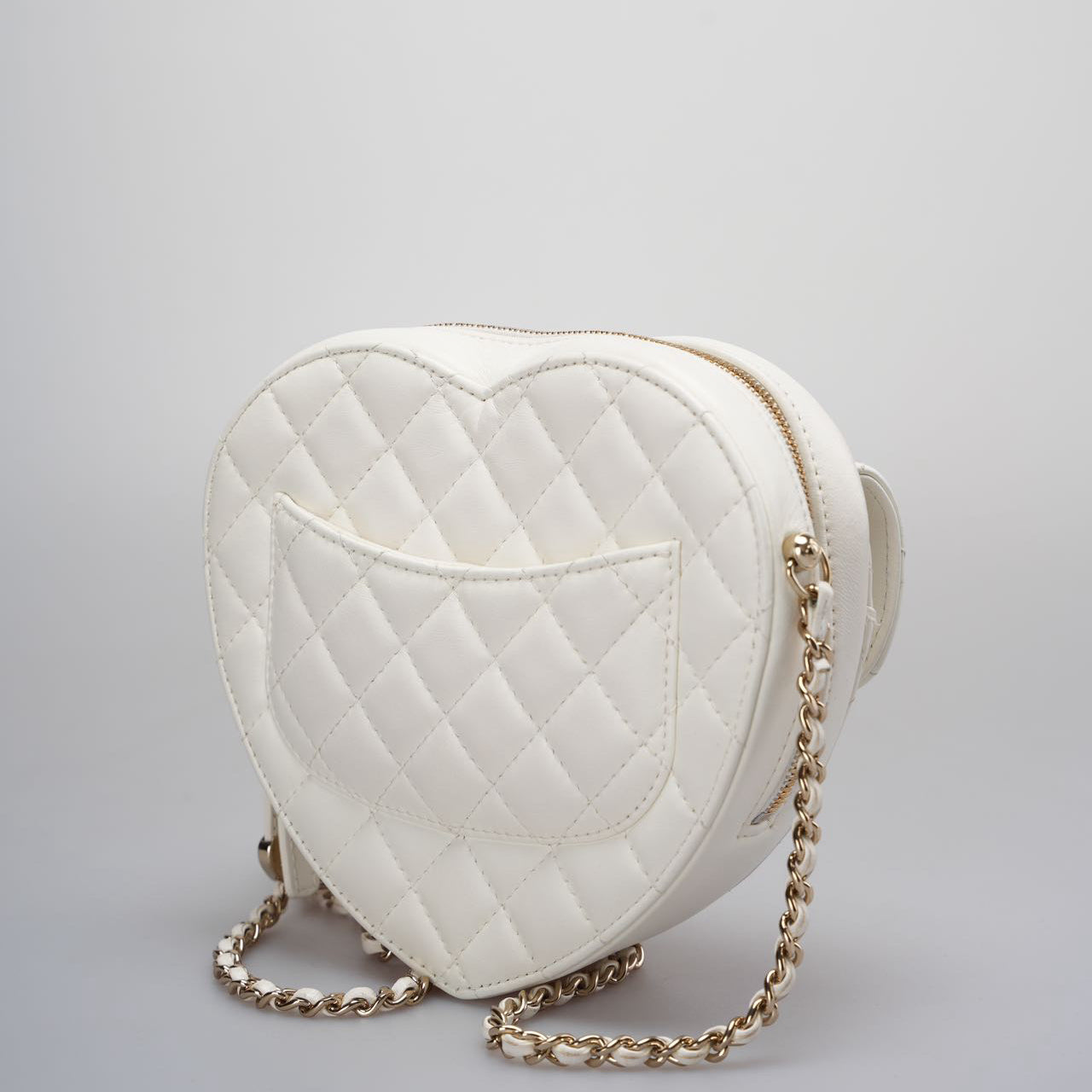 Chanel Big Heart Bag Lambskin Quilted CC In Love Clutch With Chain in White