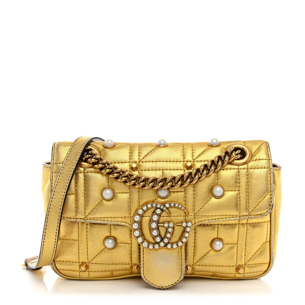 Metallic Calfskin Matelasse Studded Mini Pearly GG Marmont Shoulder Bag Gold