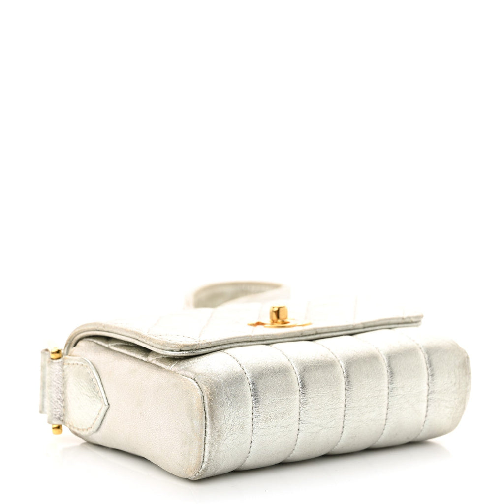 Metallic Goatskin Quilted Square Flap Shoulder Bag Silver