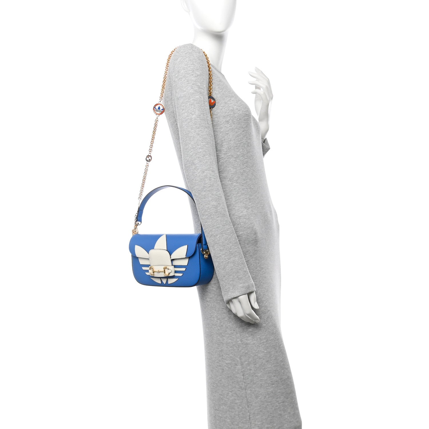 X ADIDAS Textured Dollar Calfskin Web Trefoil Mini Horsebit 1955 Shoulder Bag Blue Off White