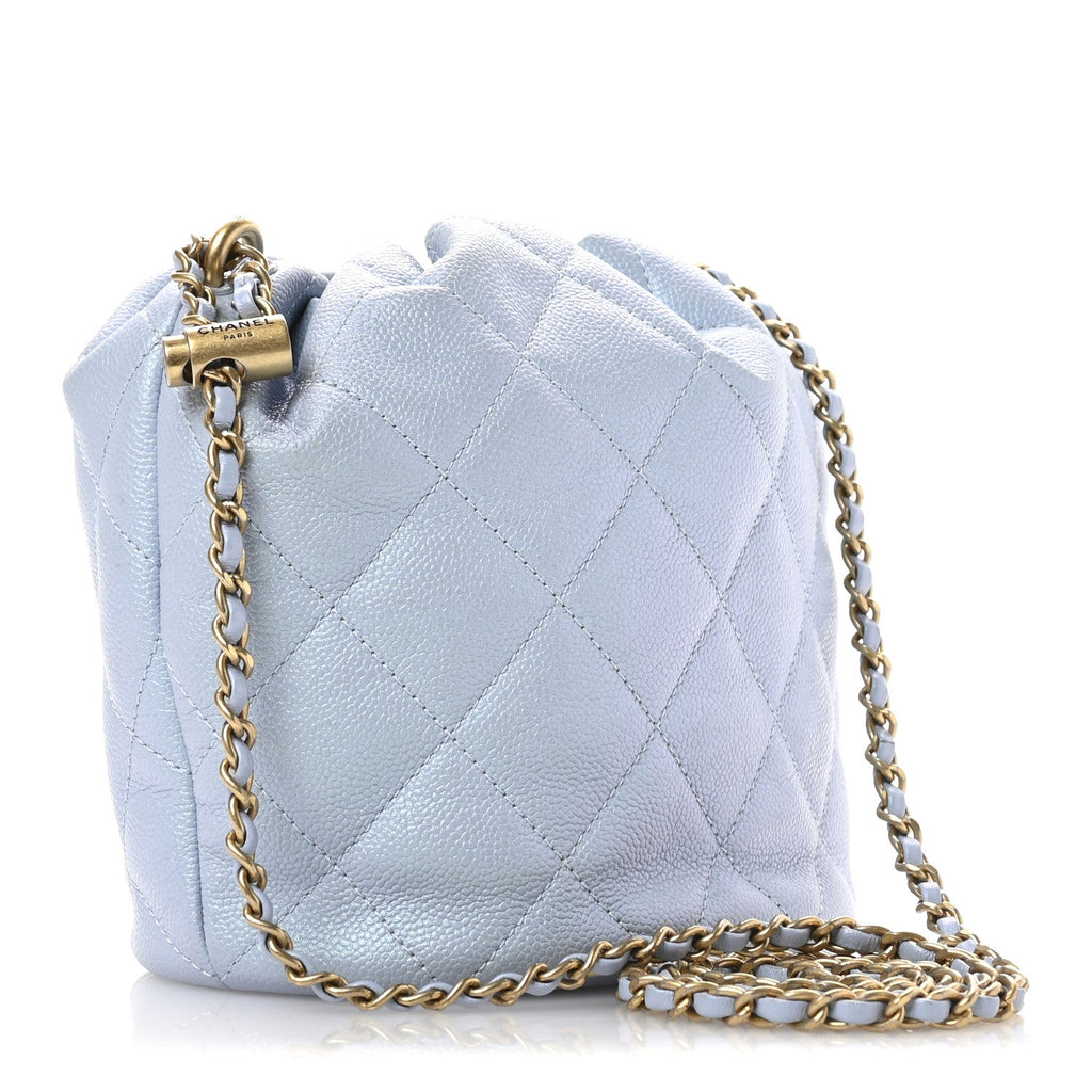 Iridescent Caviar Quilted My Perfect CC Bucket Drawstring Bag Light Blue