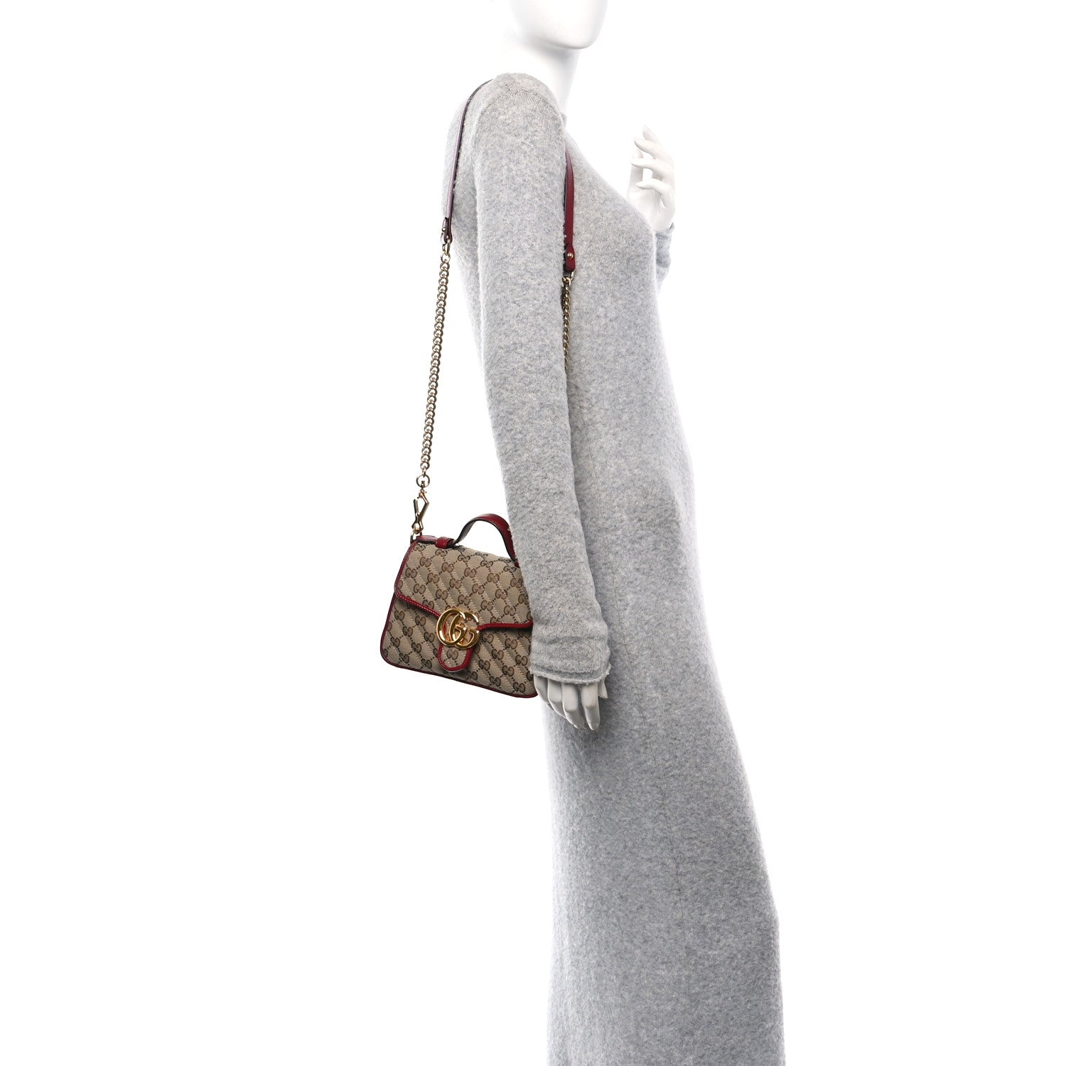 Monogram Glazed Calfskin Matelasse Diagonal Mini GG Marmont Top Handle Shoulder Bag Beige Ebony New Cherry Red