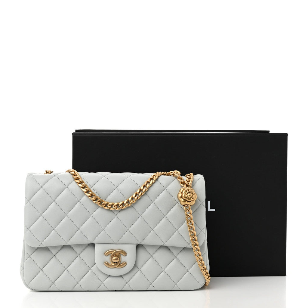 Lambskin Quilted Small Sweet Camellia Flap Light Blue