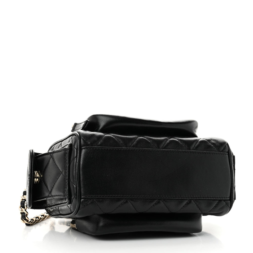 Shiny Crumpled Lambskin Quilted Small Preppy Pocket Camera Case Black