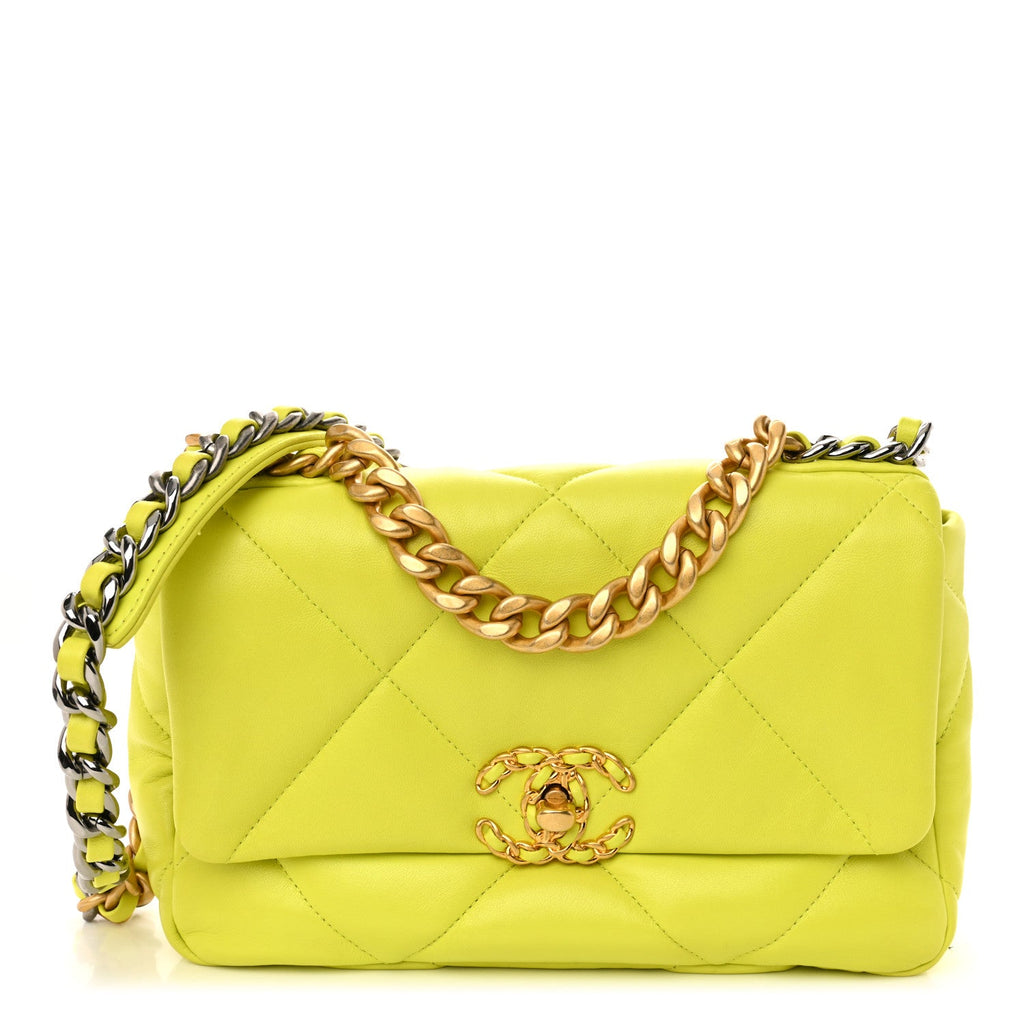 Shiny Lambskin Quilted Medium Chanel 19 Flap Neon Yellow