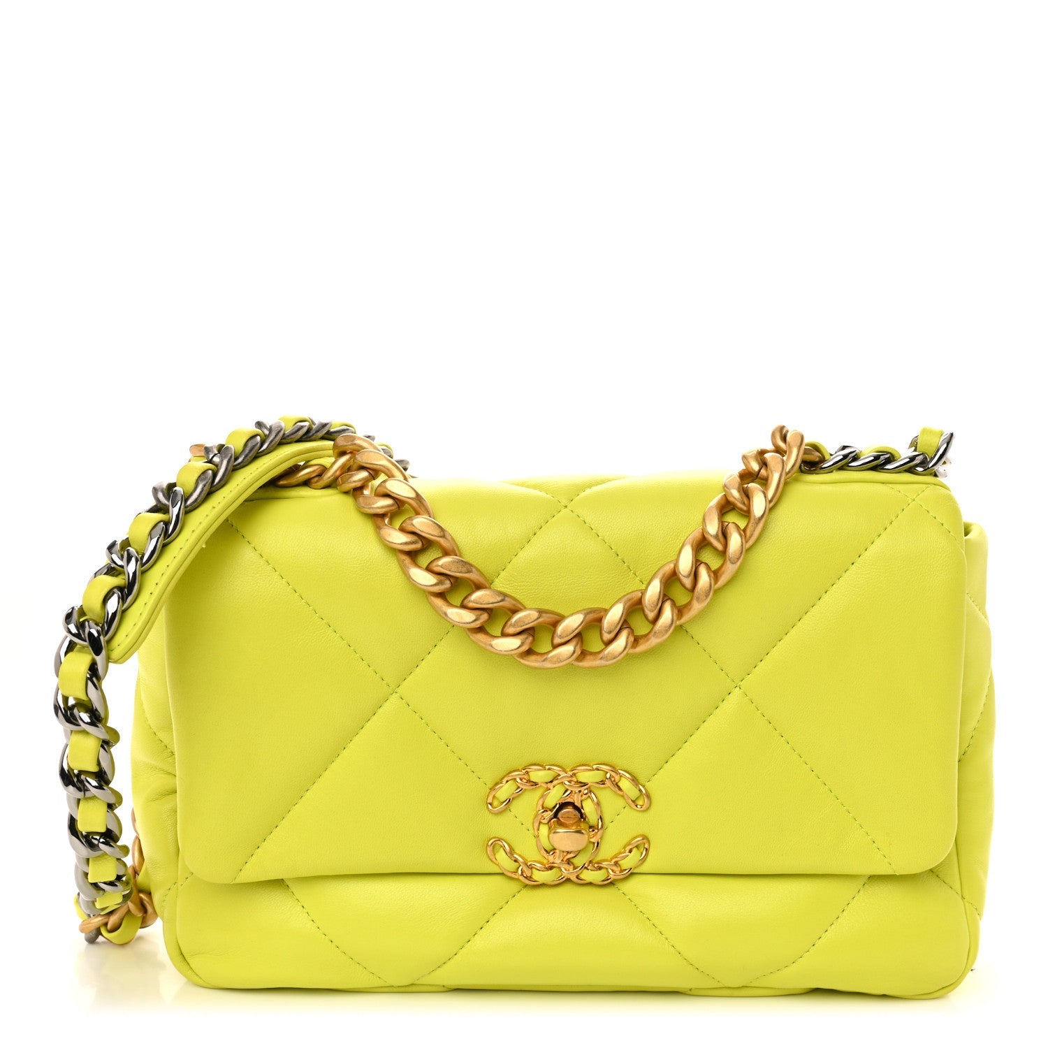 Shiny Lambskin Quilted Medium Chanel 19 Flap Neon Yellow