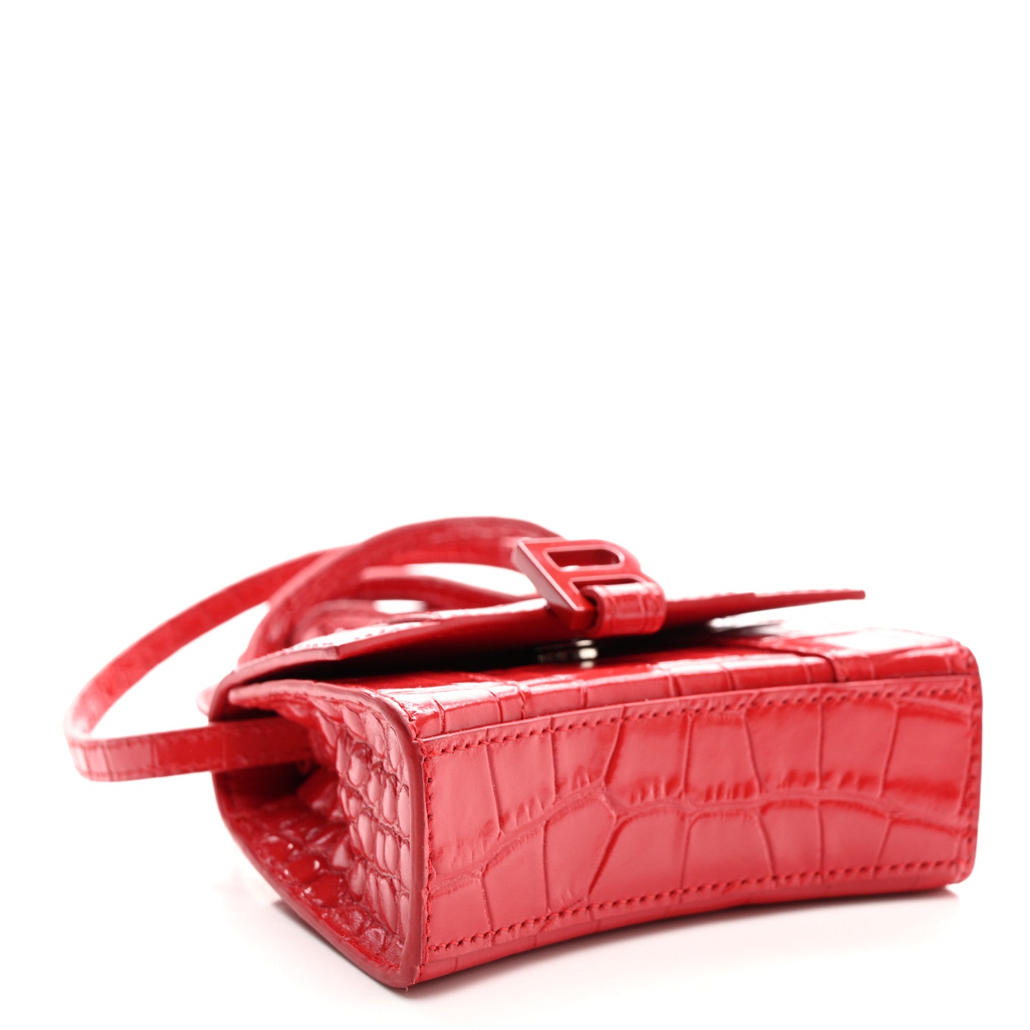 Shiny Calfskin Tonal B Crocodile Embossed Hourglass Top Handle Bag Mini Bright Red