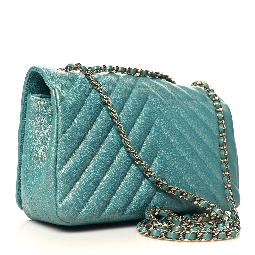 Caviar Chevron Quilted Small Statement Flap Turqouise
