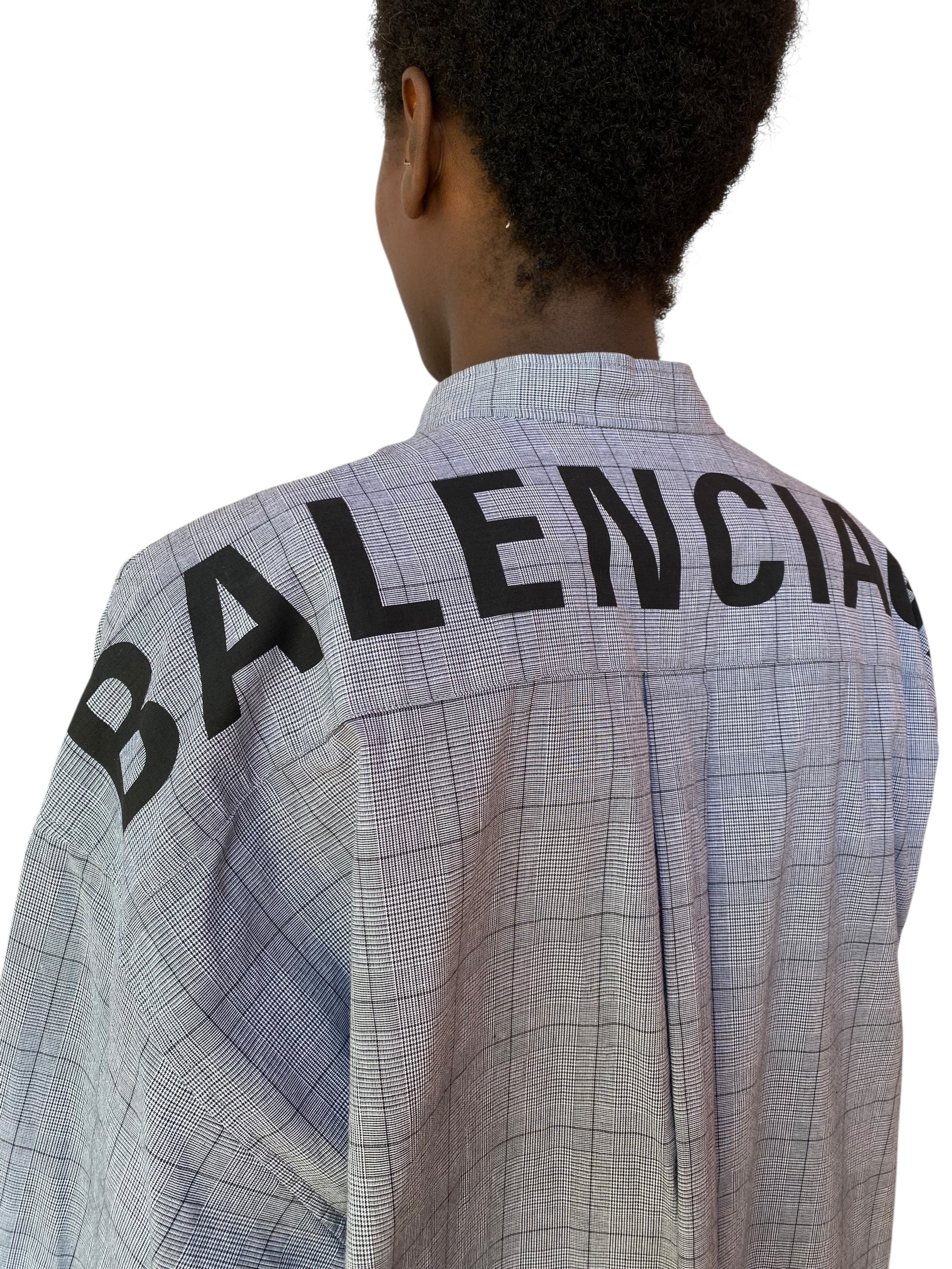 Balenciaga Grey Cotton Check Swing Oversized Logo Shirt - 36 / US 2