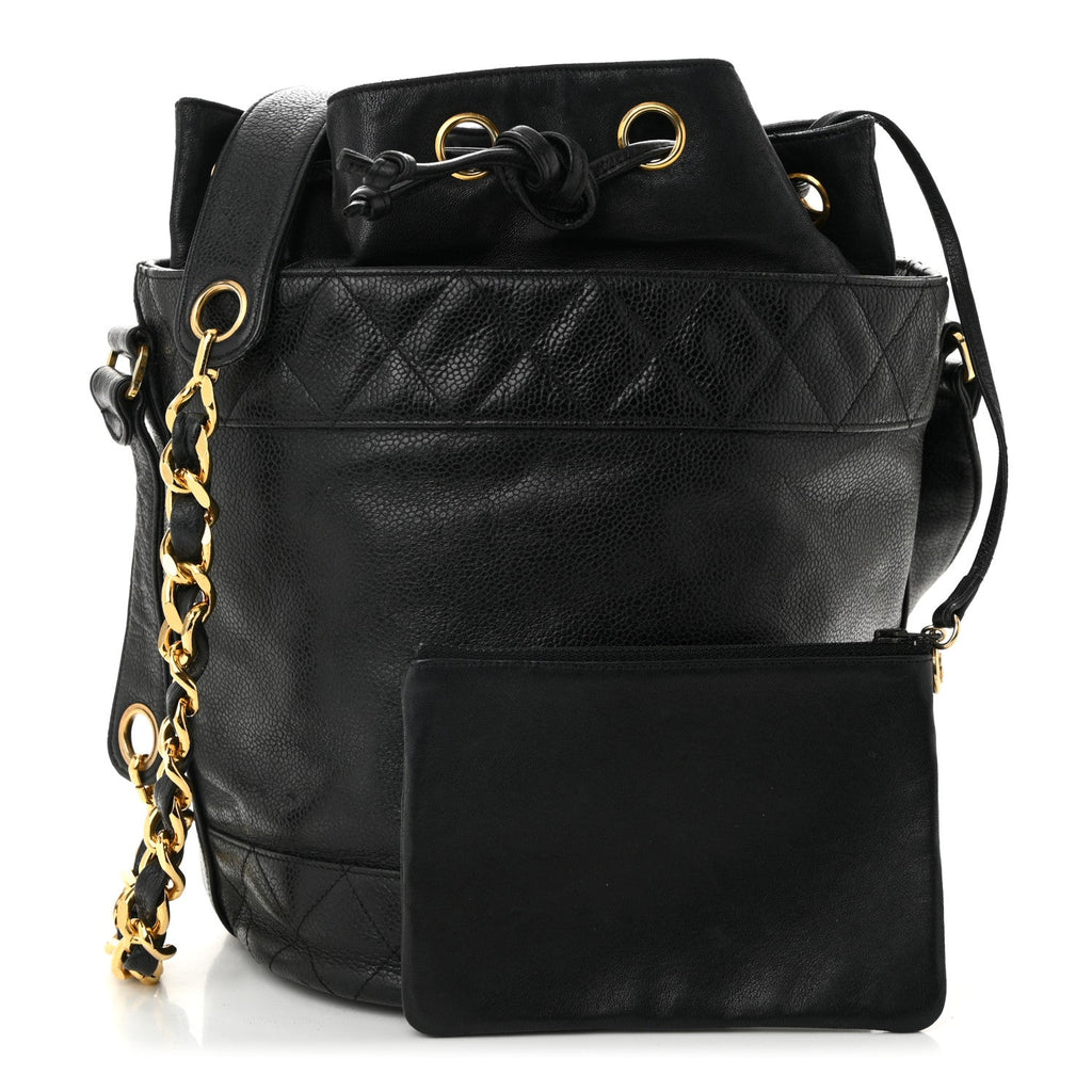 Caviar Drawstring Bucket Shoulder Bag Black