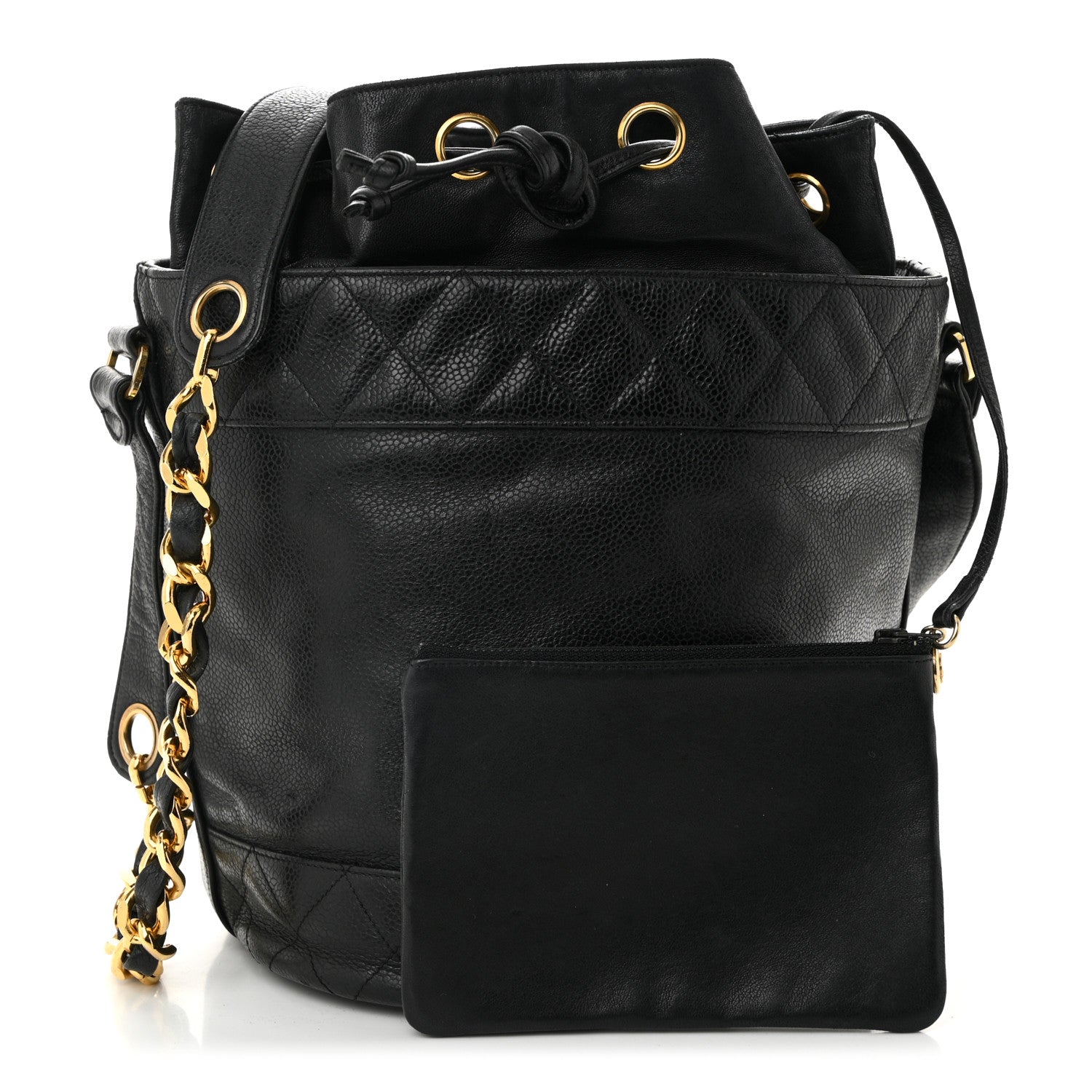Caviar Drawstring Bucket Shoulder Bag Black