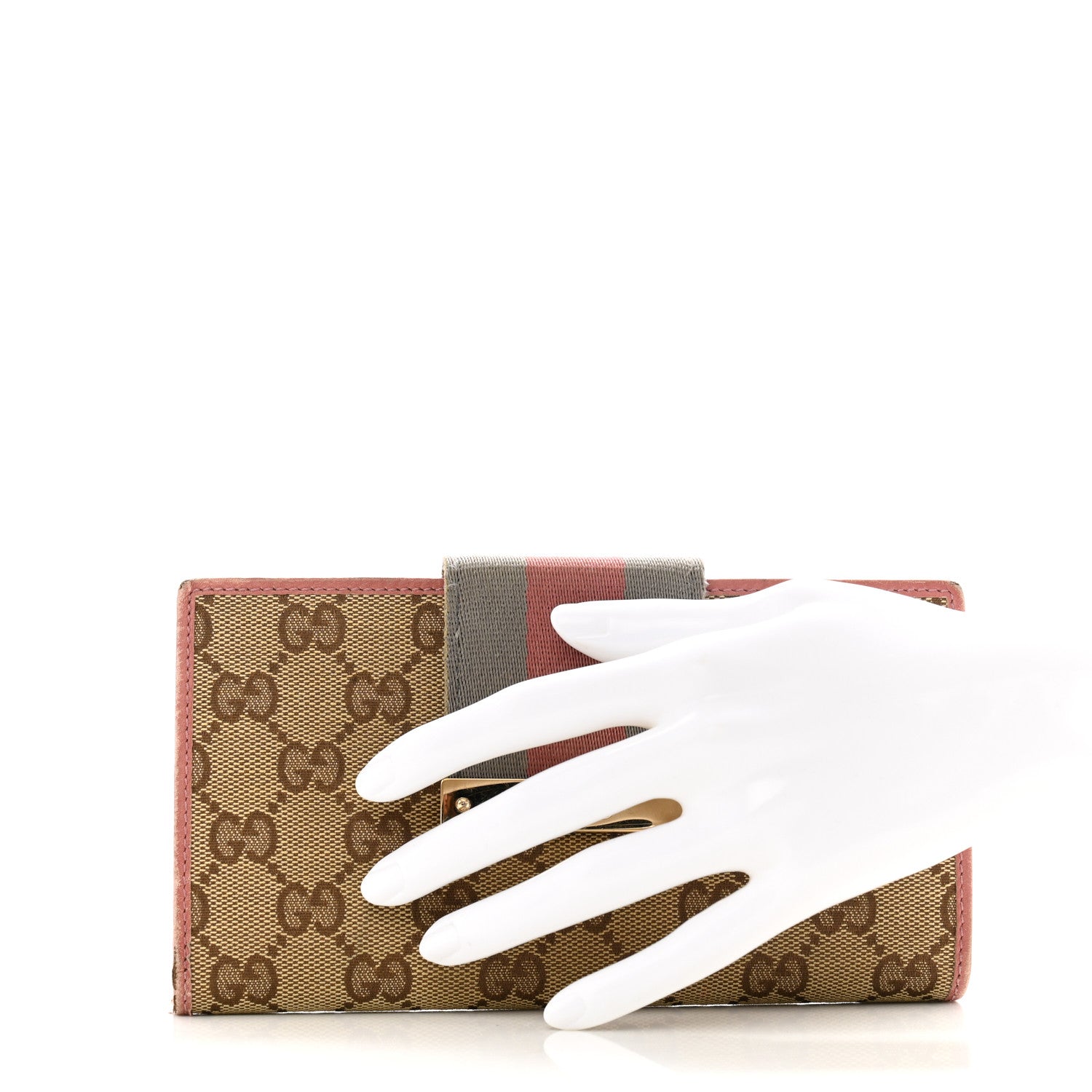 Monogram Calfskin Ladies Web Continental Wallet Beige Ebony Pink