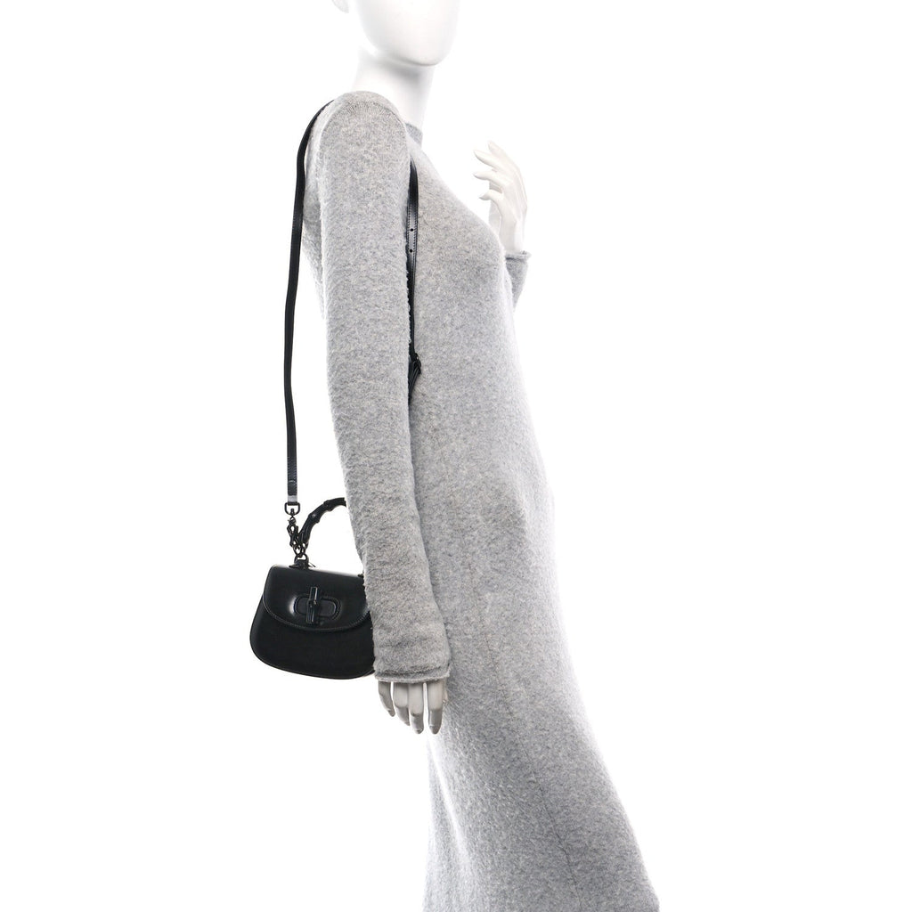 Boarded Dyana Lux Calfskin Web Monochrome Mini Bamboo 1947 Top Handle Bag Black
