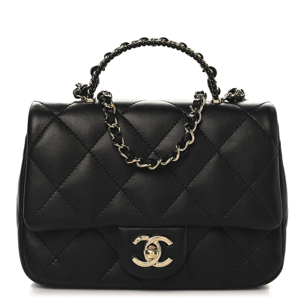 Lambskin Quilted Resin Pearl Chain Top Handle Flap Black