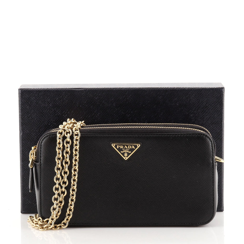 Double Zip Wallet on Chain Crossbody Saffiano Leather Mini